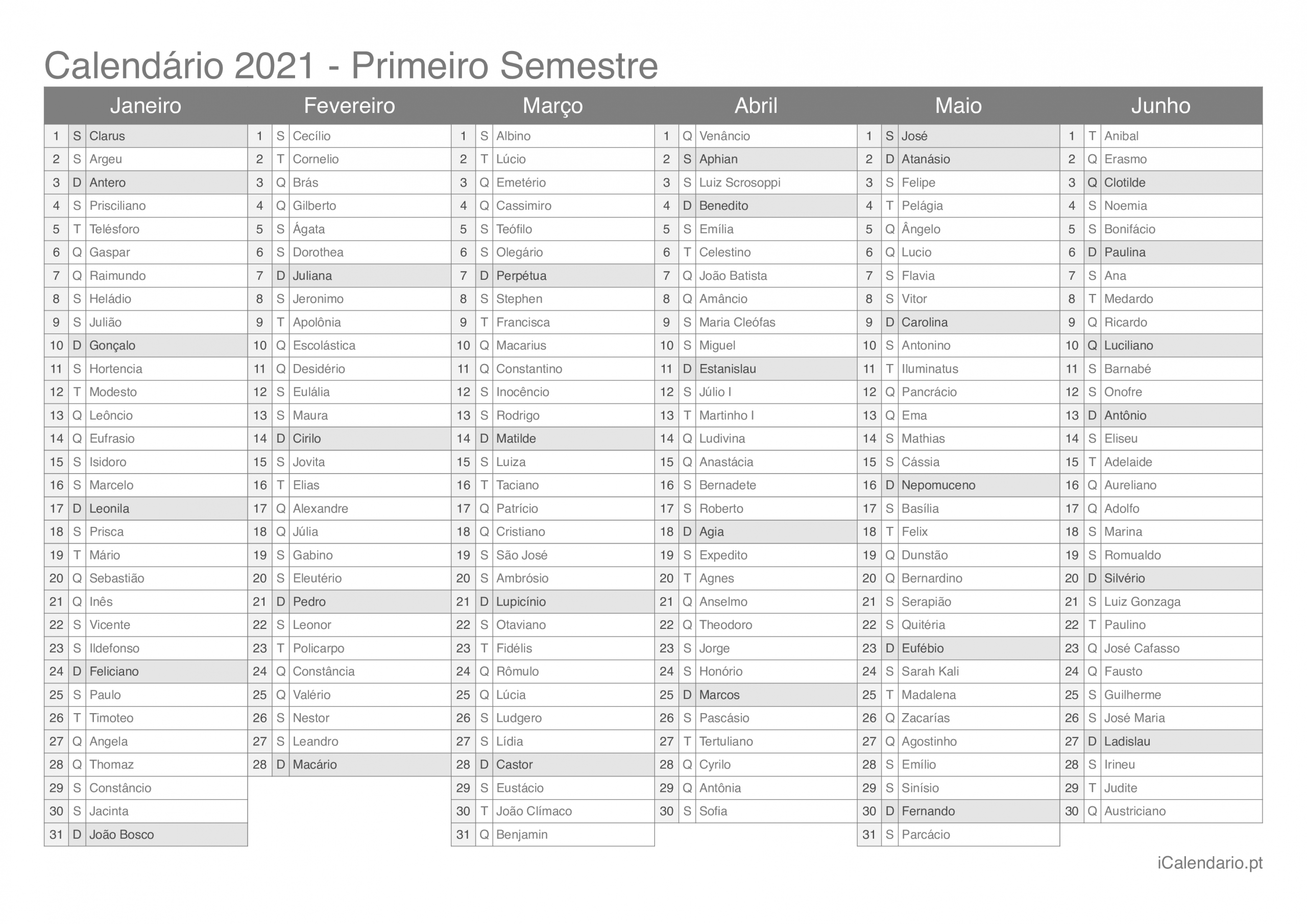 Calendário 2021 Para Imprimir - Icalendáriopt