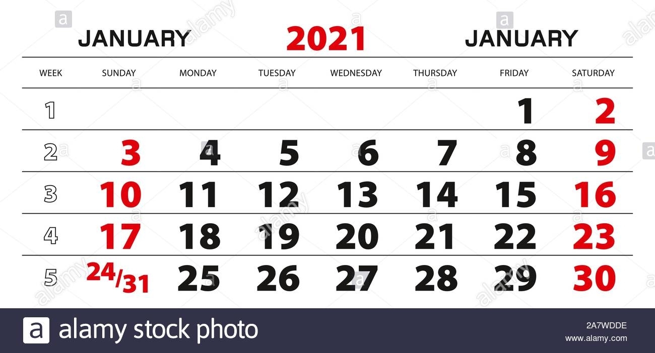 Calendario De Pared 2021 Para Enero, Inicio De La Semana