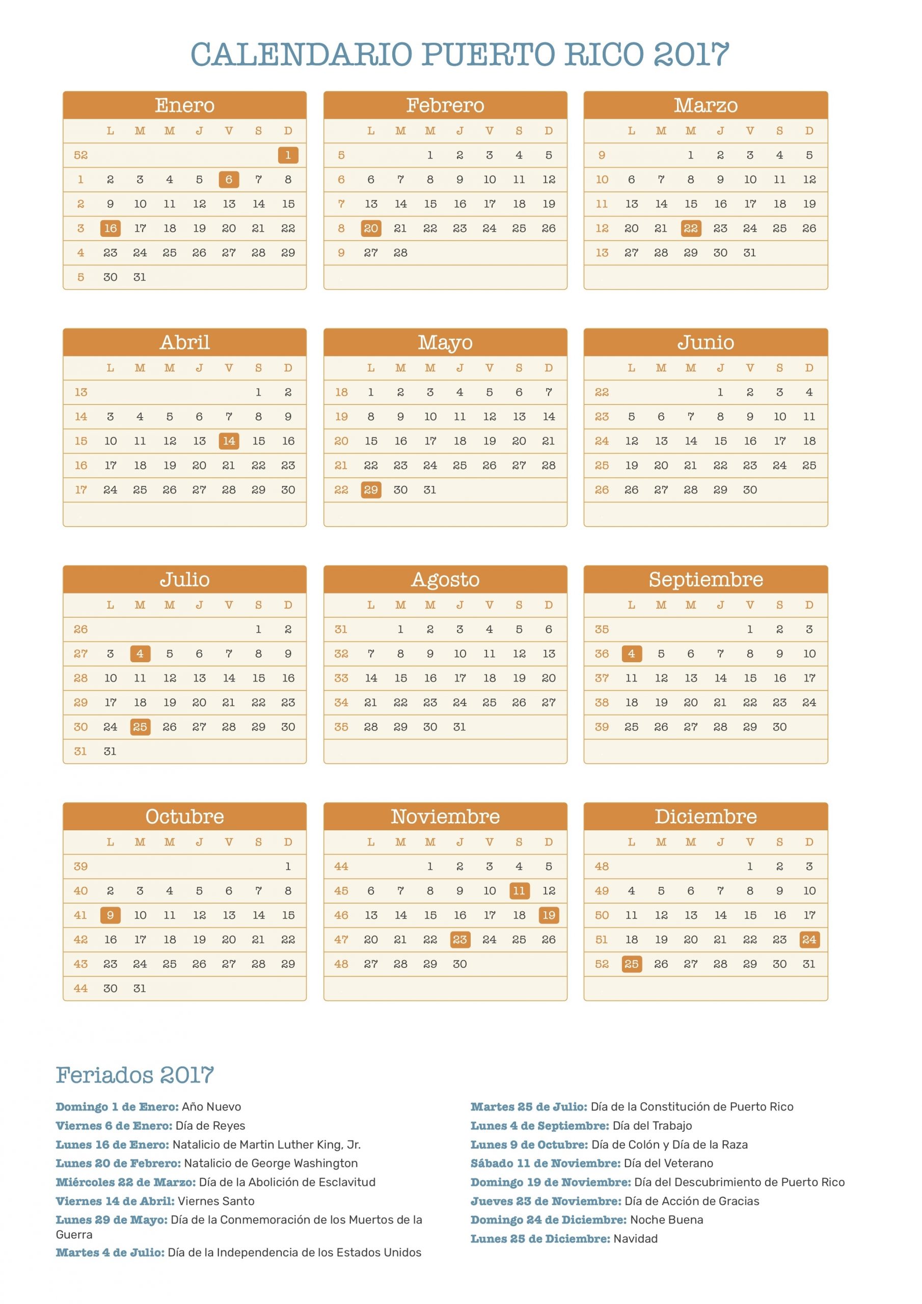 Calendario De Puerto Rico Año 2017 | Feriados | Feriados