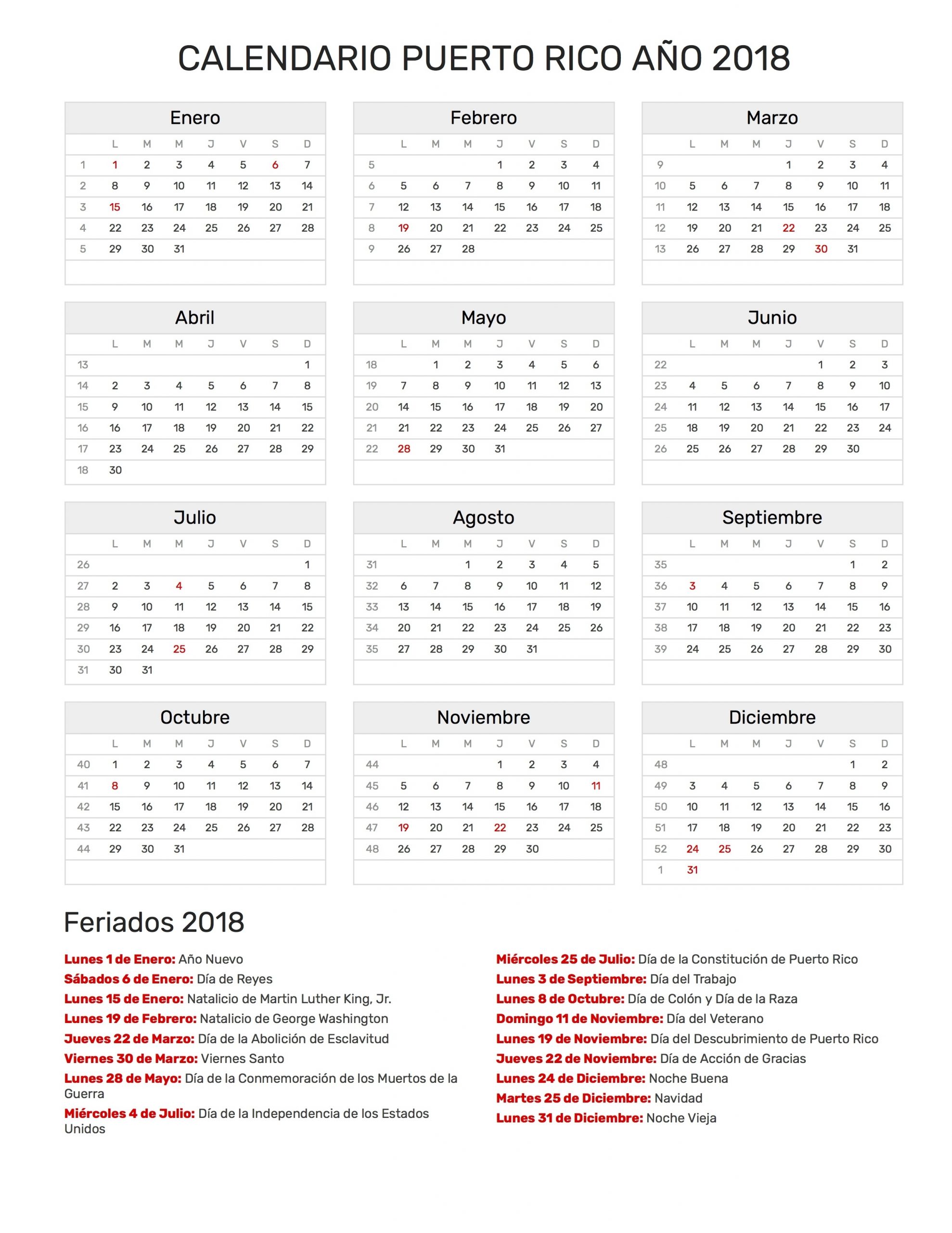 Calendario De Puerto Rico Año 2018 | Feriados