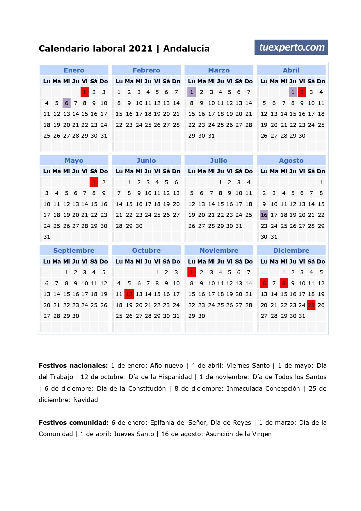 Calendario Laboral 2021, Calendarios Con Festivos Por