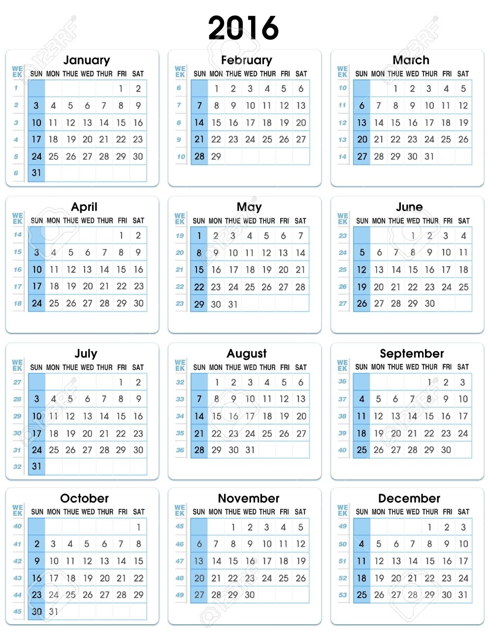 Calendario Vertical 2016 12 Meses, Indicando El Número De Semanas De  Calendario Vertical De 2016 Semanas