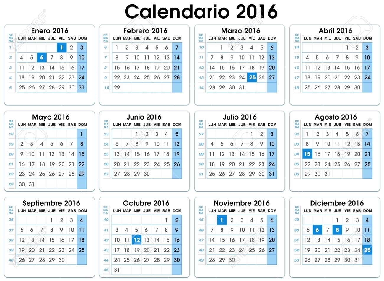 Calendario Vertical 2016 Española 12 Meses, Indicando Número De Semanas  Calendario 2016 Española Con Semana Y Fiestas