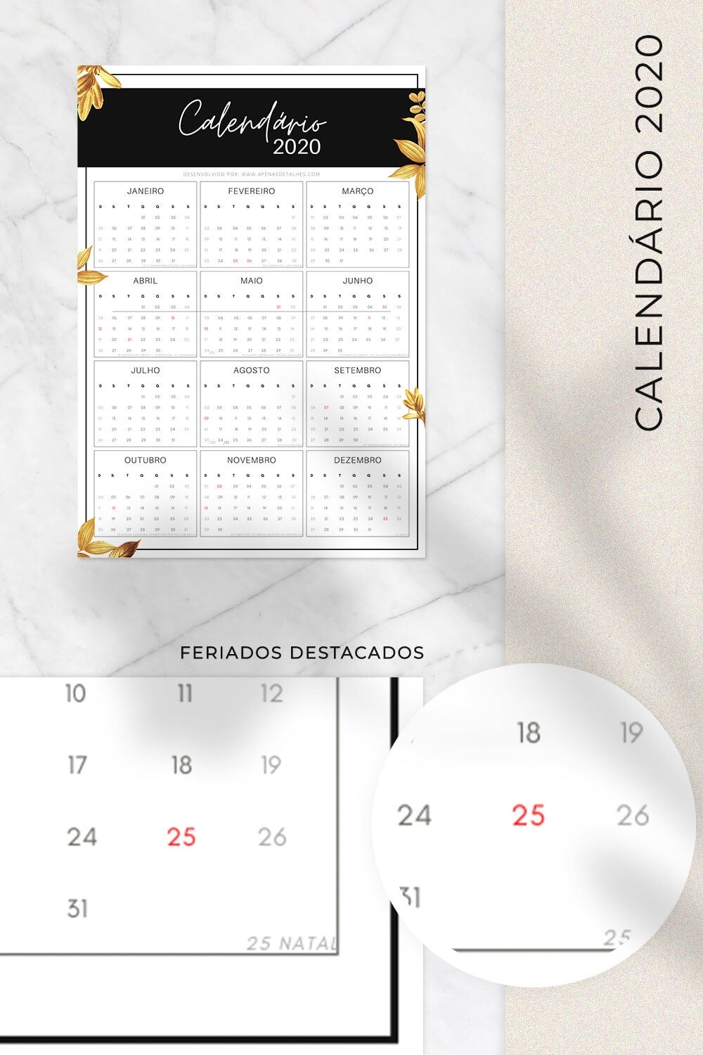 Calendários 2020 Para Imprimir - 4 Modelos | Apenas Detalhes