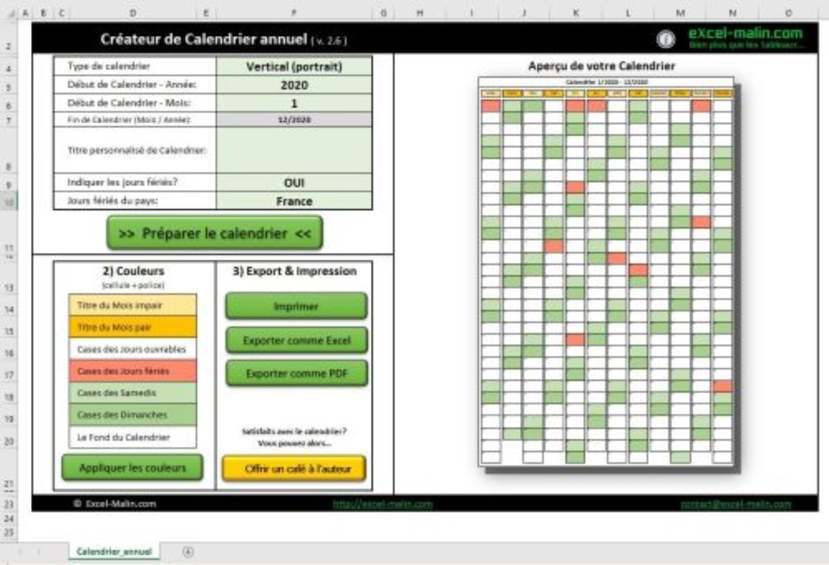 Calendrier 2020 Excel Modifiable Et Gratuit | Excel-Malin