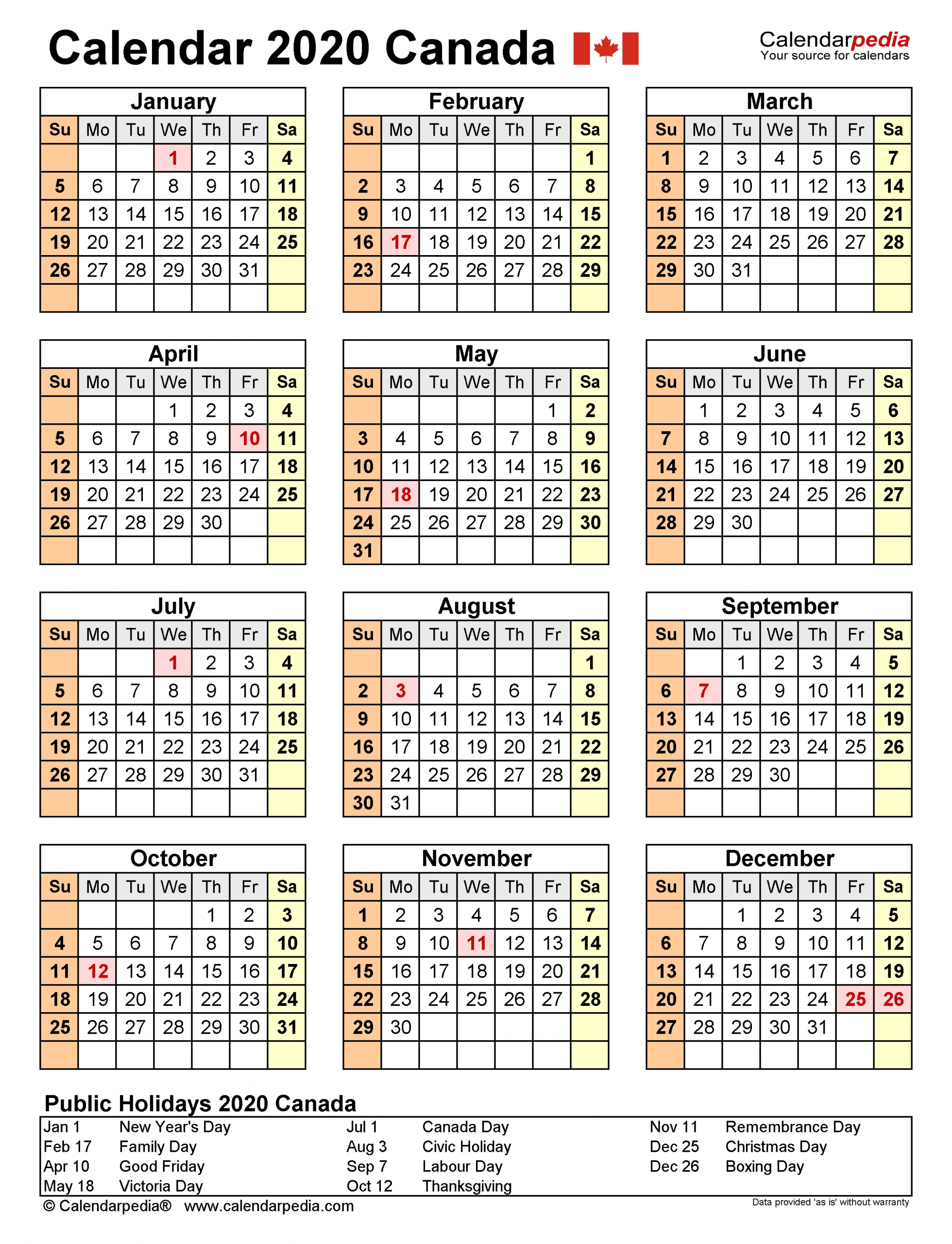 Canada Calendar 2020 - Free Printable Excel Templates