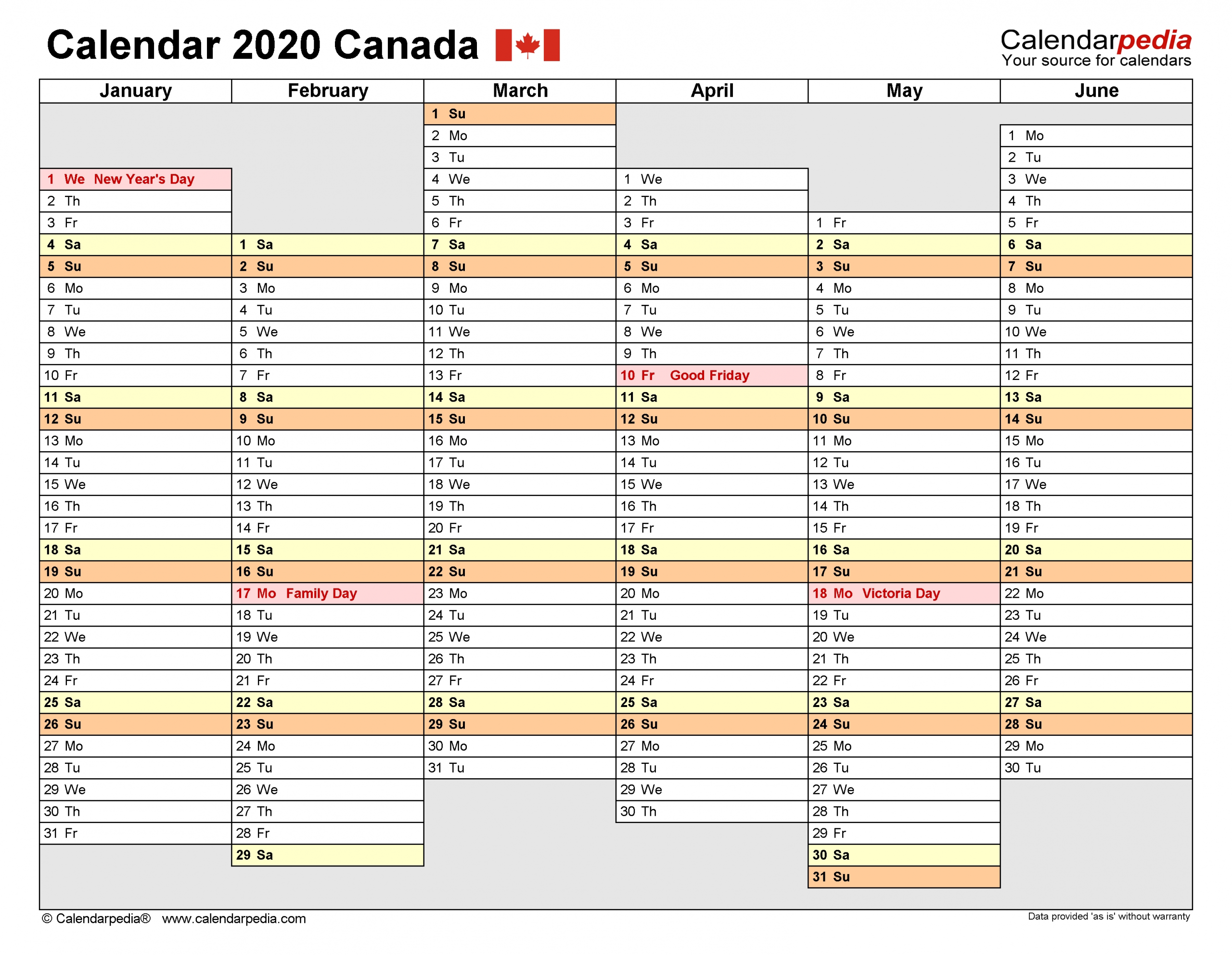 Canada Calendar 2020 - Free Printable Excel Templates