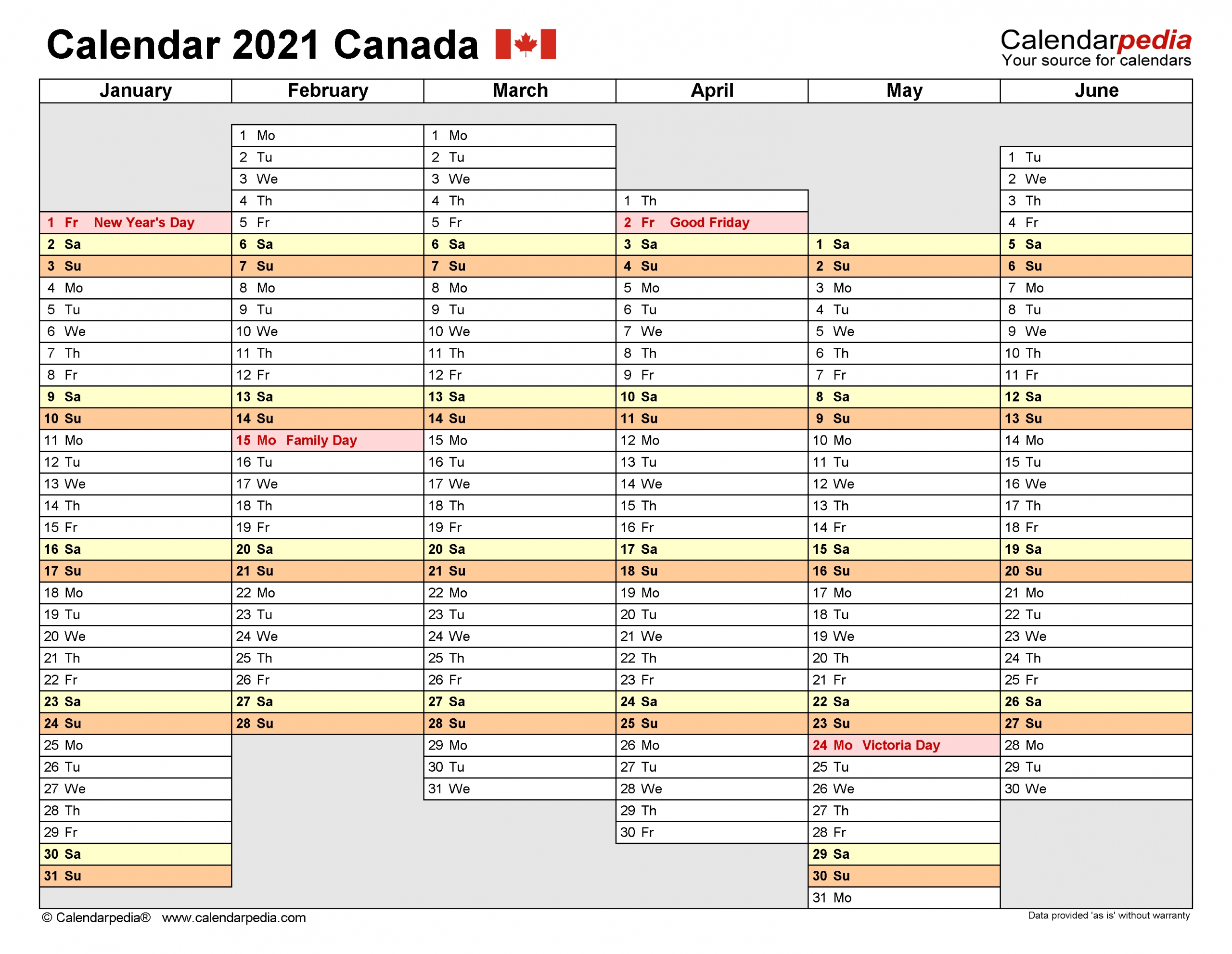 Canada Calendar 2021 - Free Printable Excel Templates