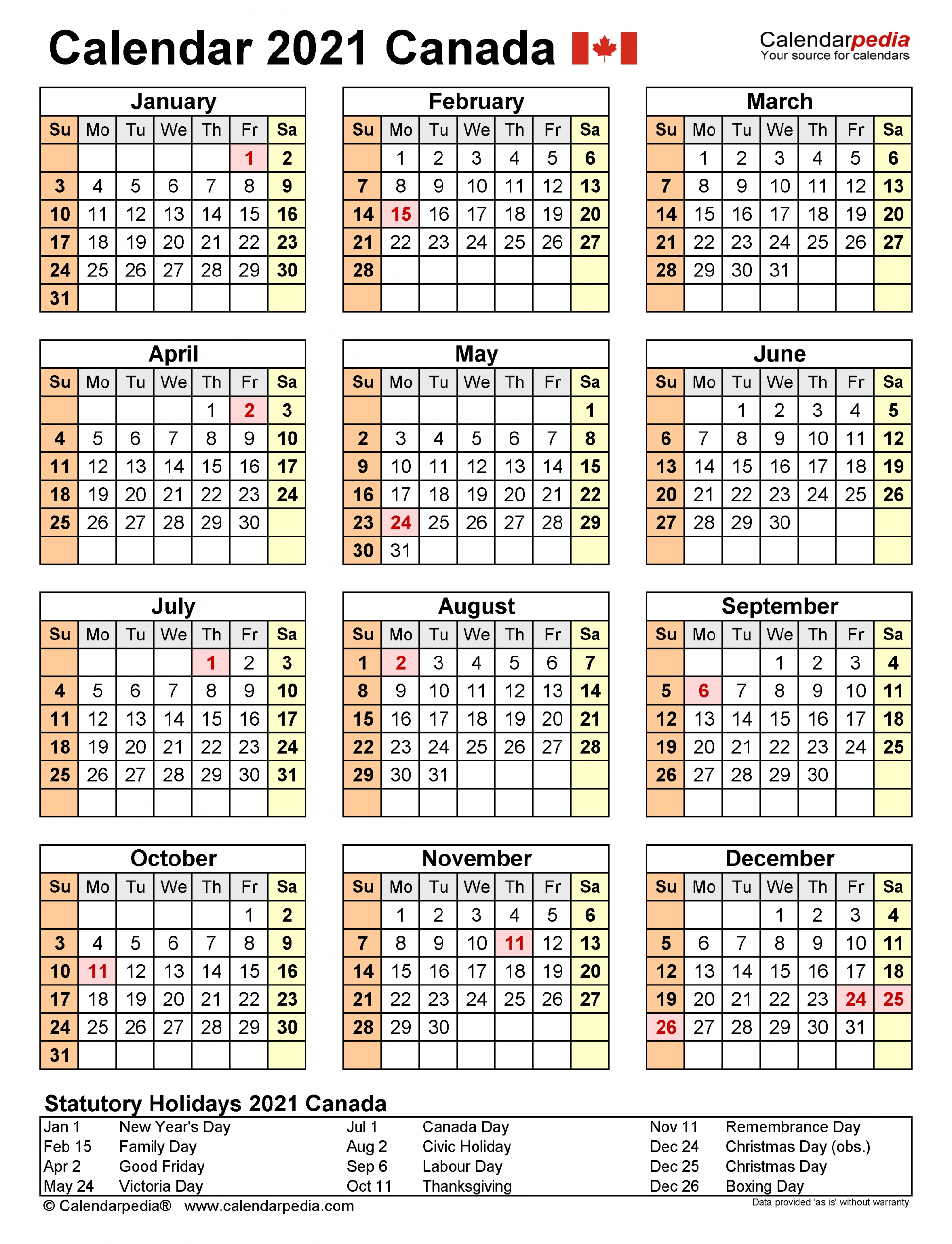Canada Calendar 2021 - Free Printable Excel Templates