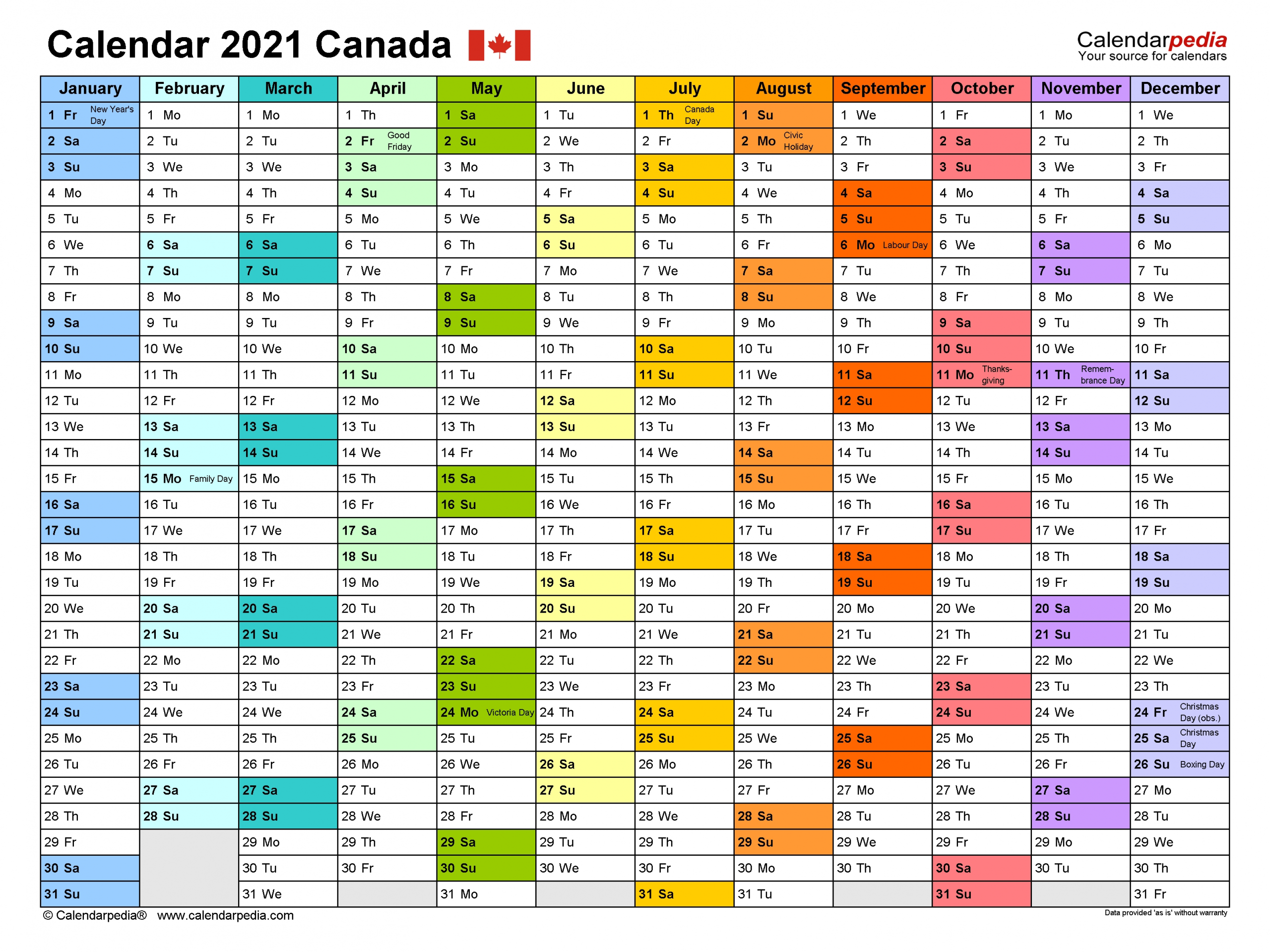 Canada Calendar 2021 - Free Printable Excel Templates