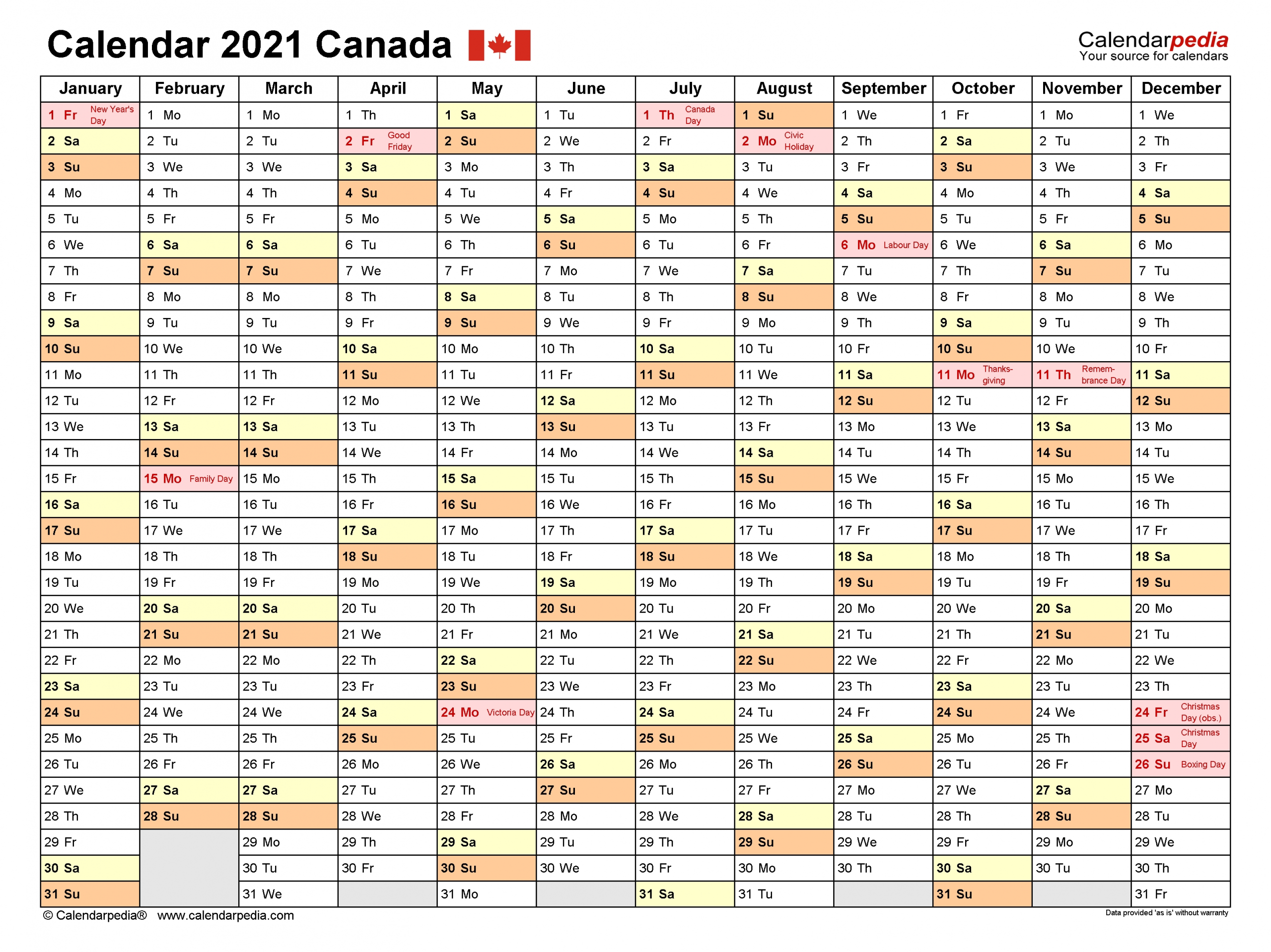 Canada Calendar 2021 - Free Printable Pdf Templates