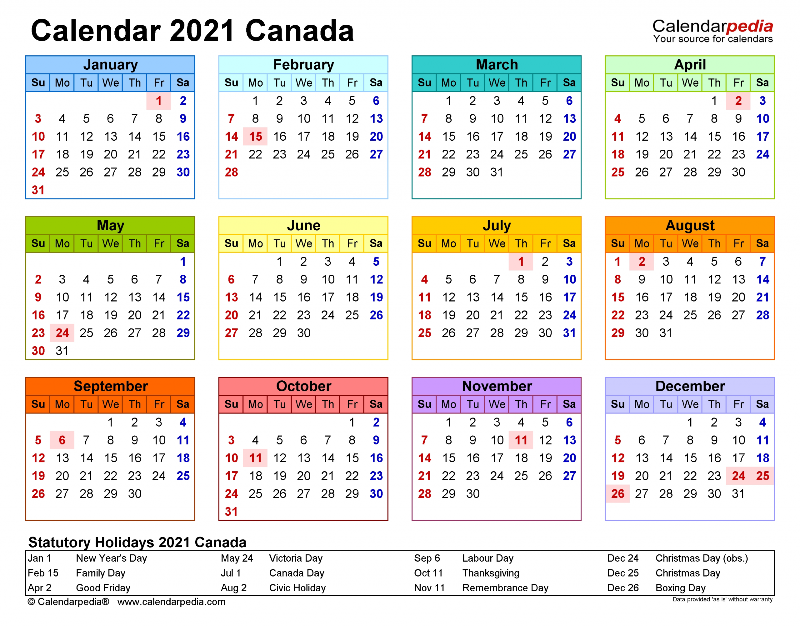 Canada Calendar 2021 - Free Printable Pdf Templates
