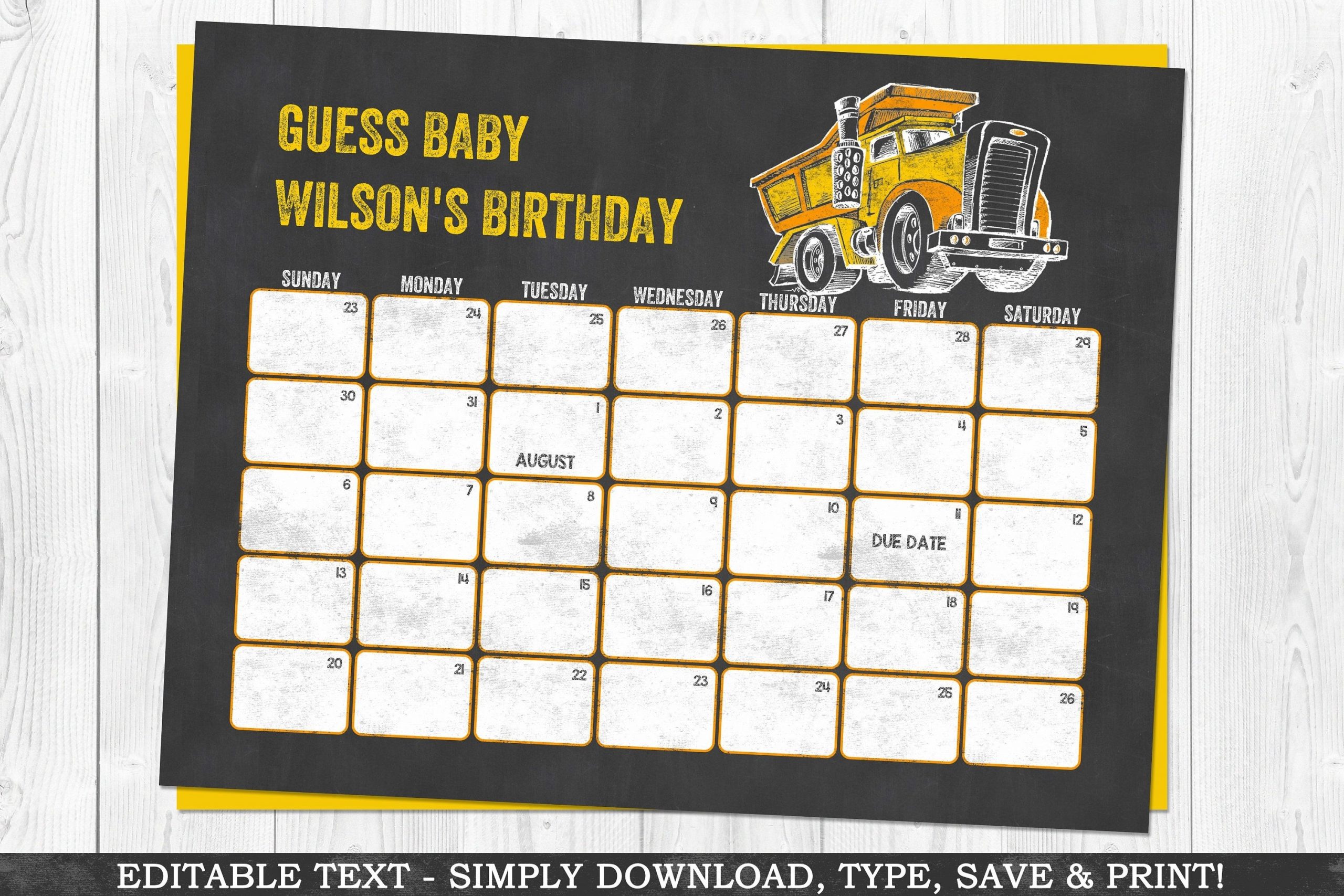 Construction Due Date Calendar Yellow Baby Shower Calendar