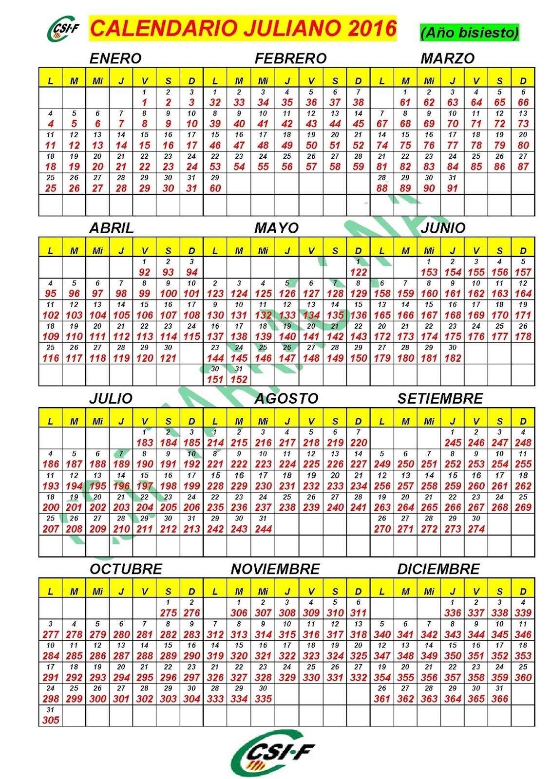 Csi-F Correos Tarragona: Calendario Juliano 2016