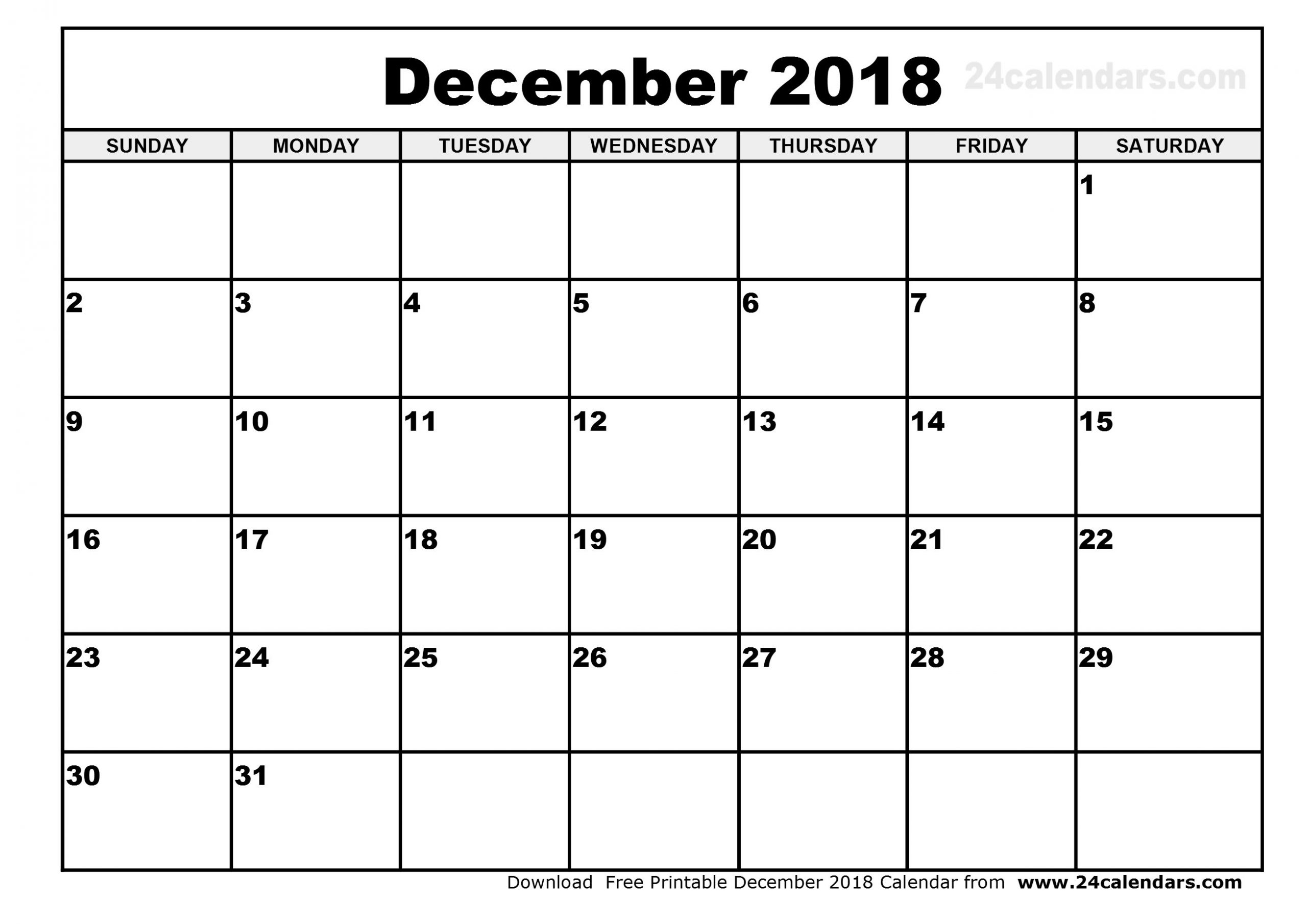 December 2018 Calendar - Free Download