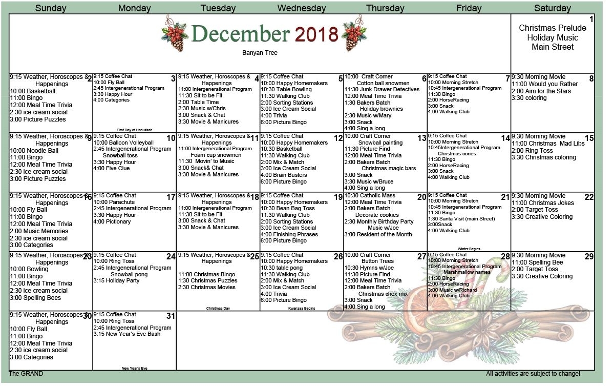 December 2018 Memory Care Activity Calendar | Senior