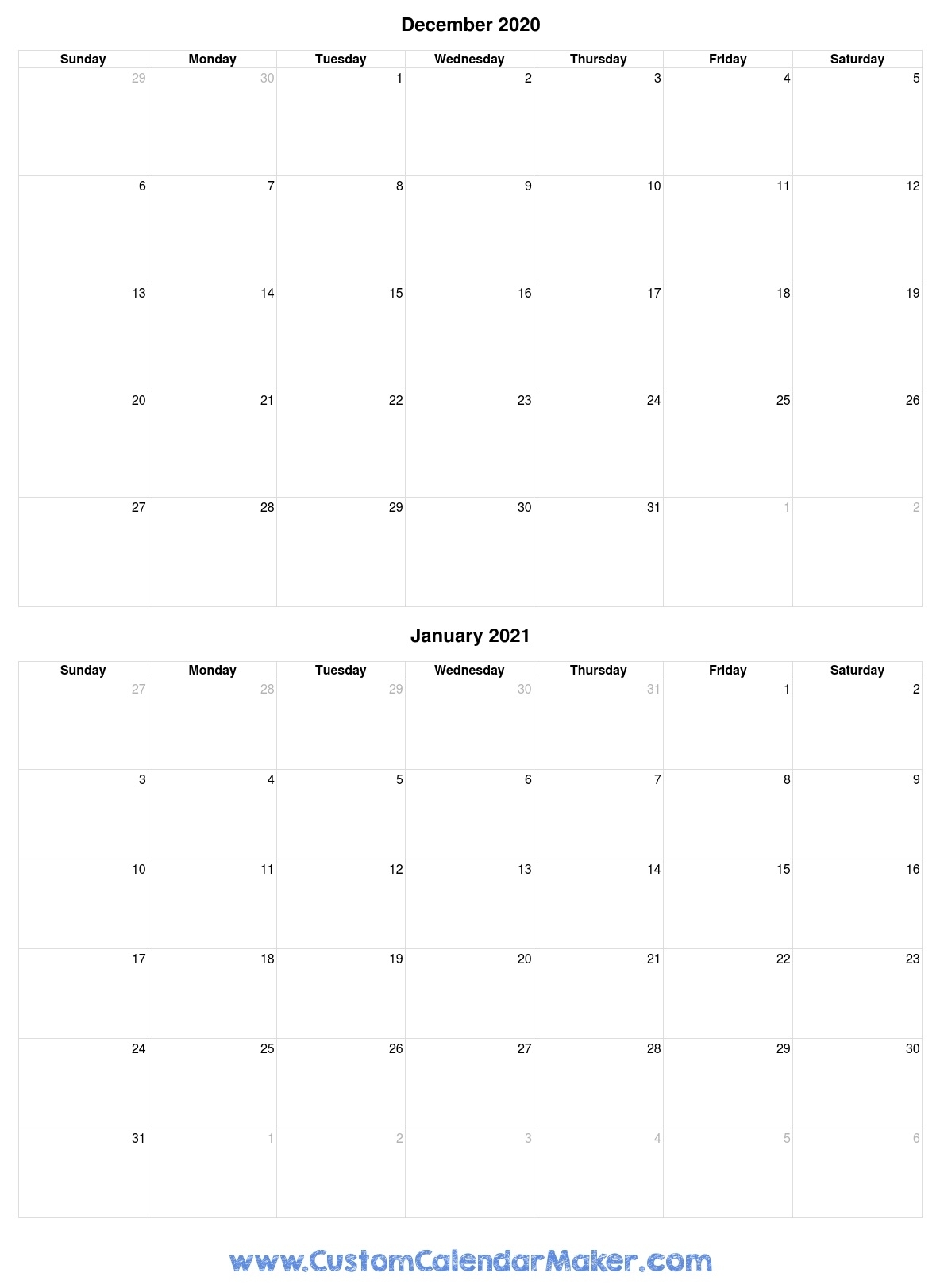 December 2020 And January 2021 Printable Calendar Template