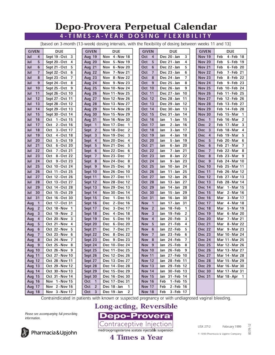 Depo Provera Calendar Printable 2019/2020 - Calendar