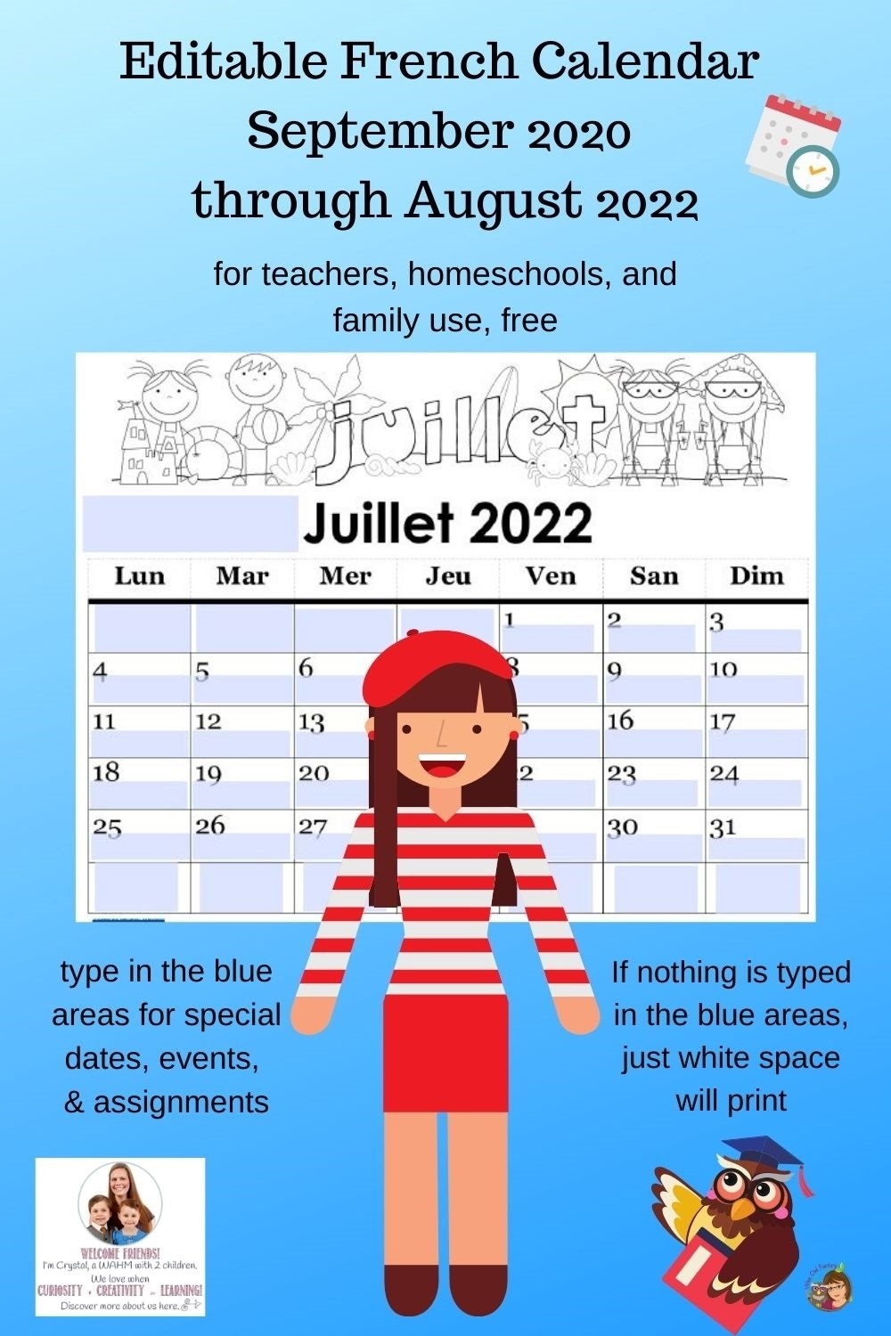 Editable French Calendar Sept 2020 -Aug 2022 | Castle View