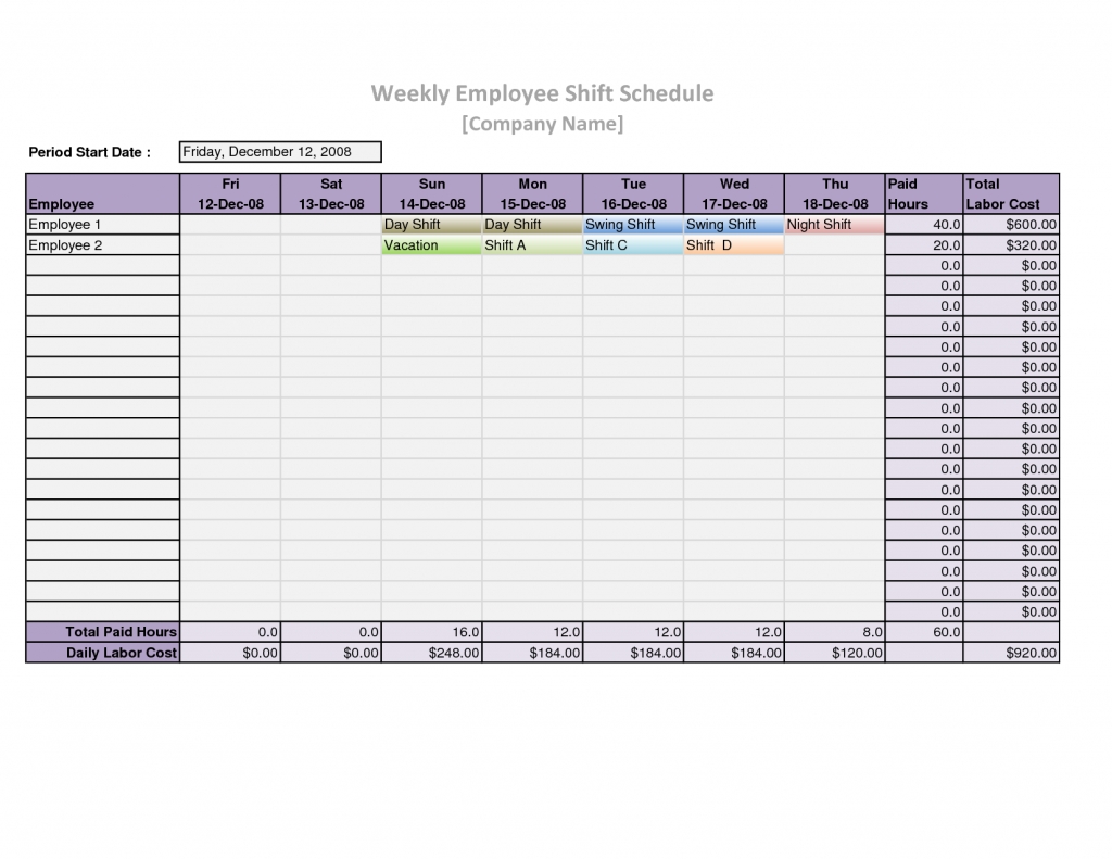 Employee Schedule Spreadsheet Template Free Printable