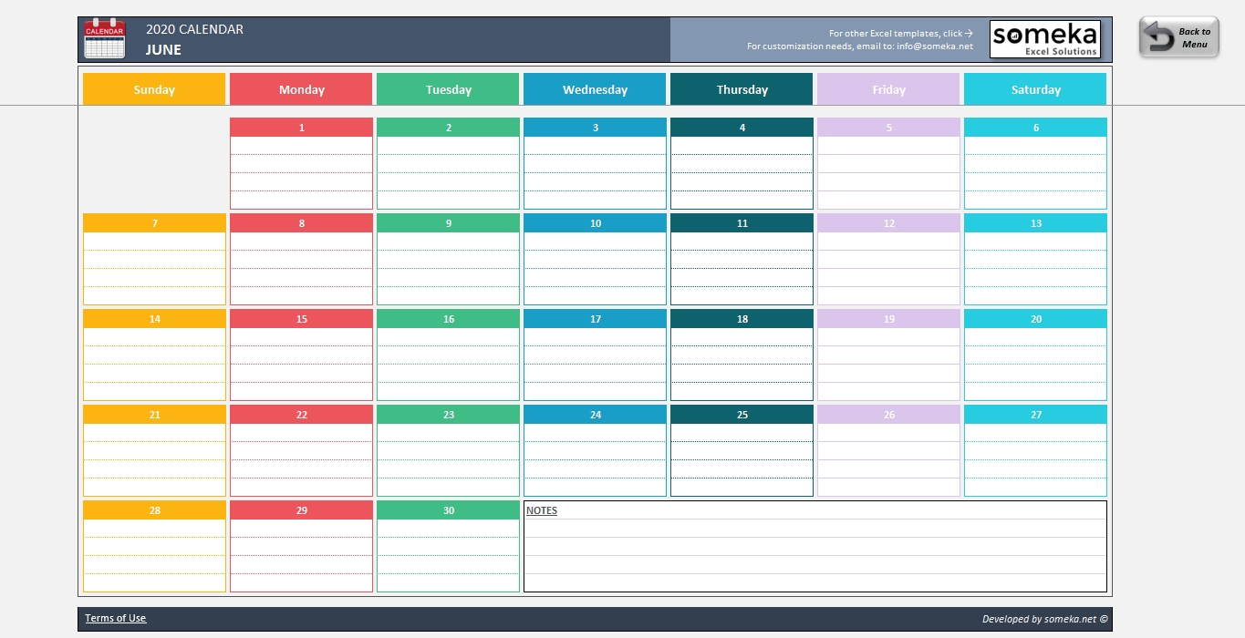 Excel Calendar Template 2020 - Free Printable Calendar