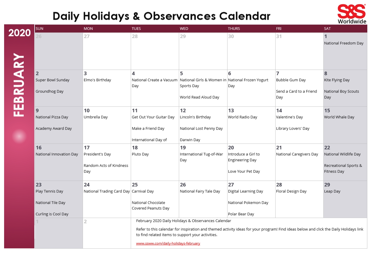 February Daily Holidays &amp; Observances Printable Calendar