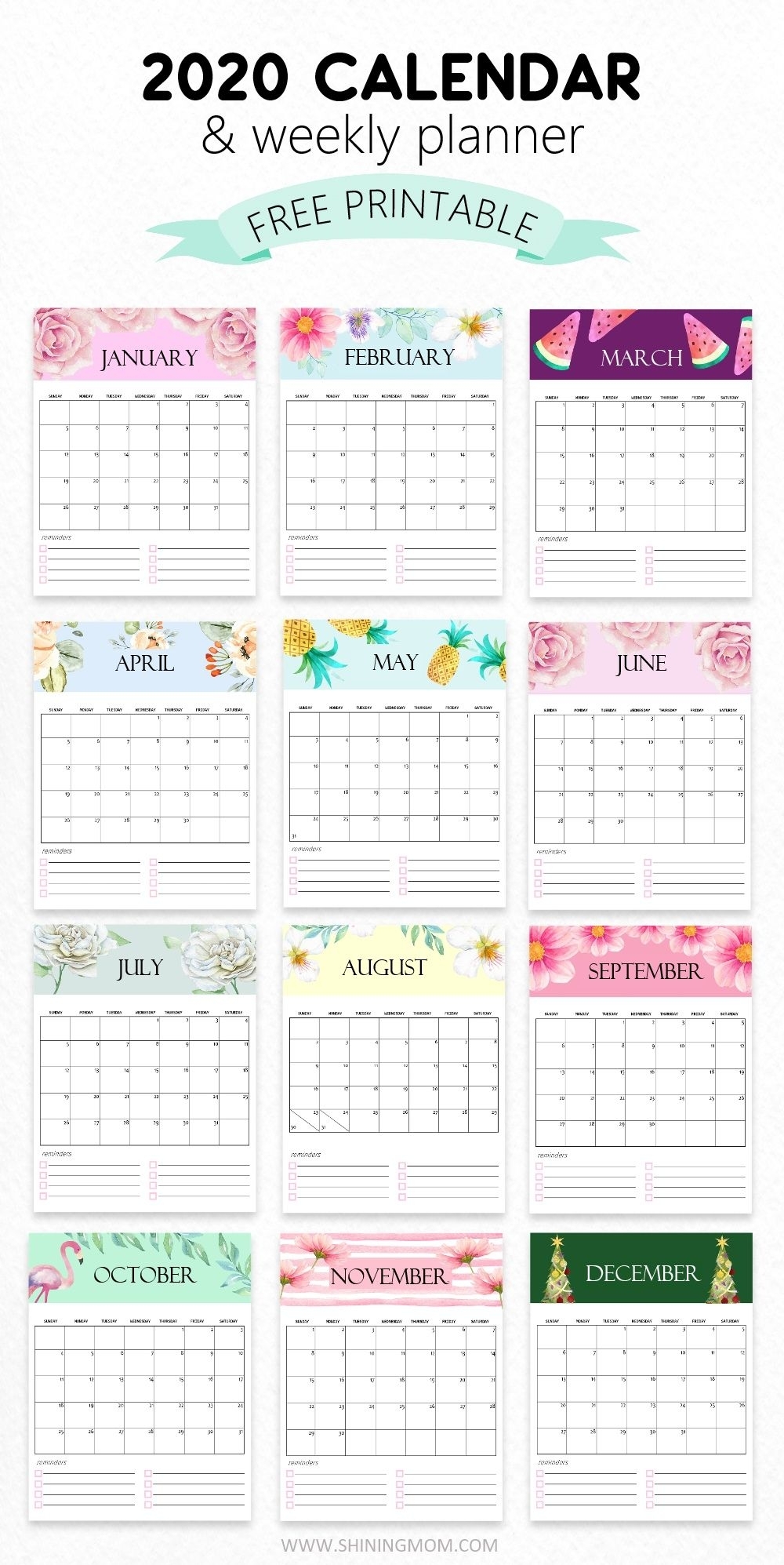 Free Calendar 2020 Printable: 12 Cute Monthly Designs To