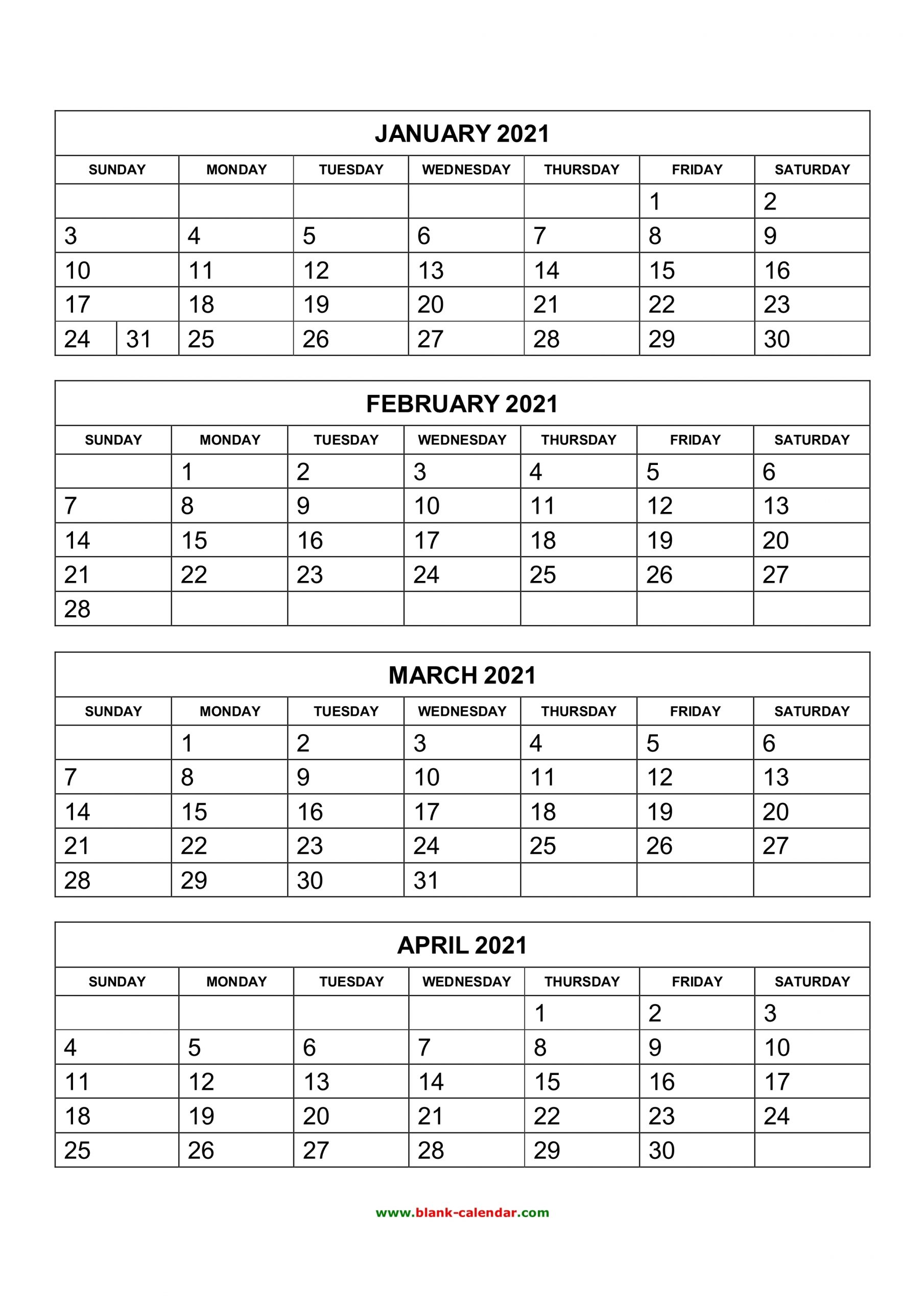Free Download Printable Calendar 2021, 4 Months Per Page, 3