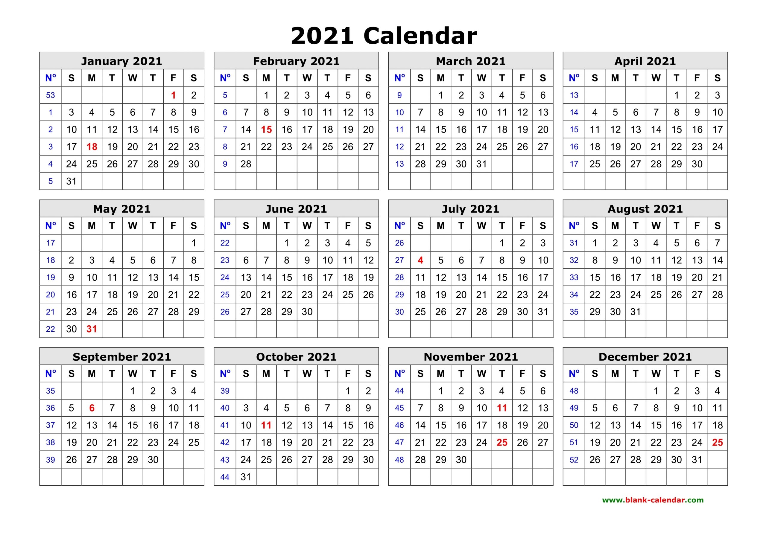 Free Download Printable Calendar 2021 In One Page, Clean Design