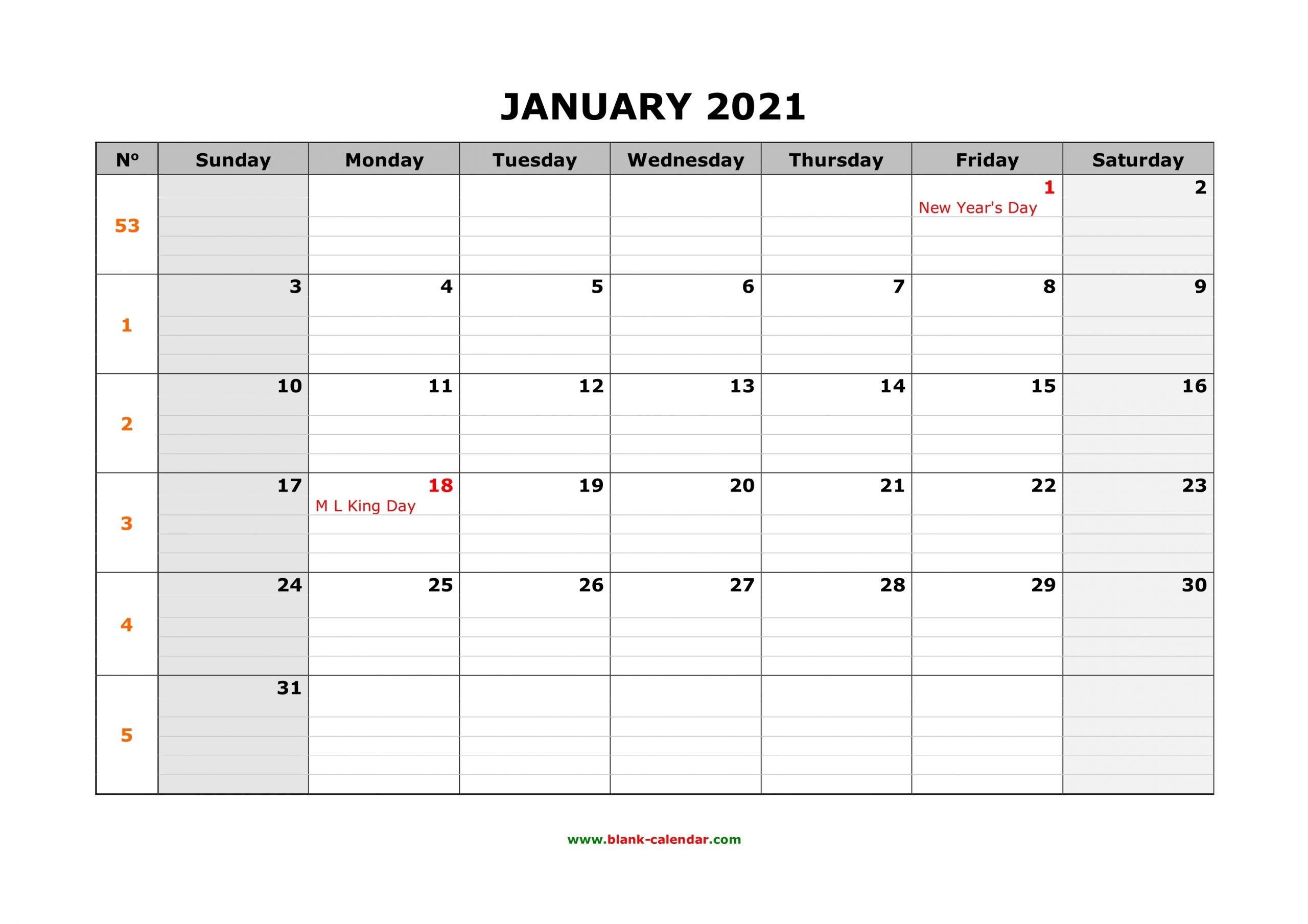 Free Download Printable Calendar 2021, Large Box Grid, Space