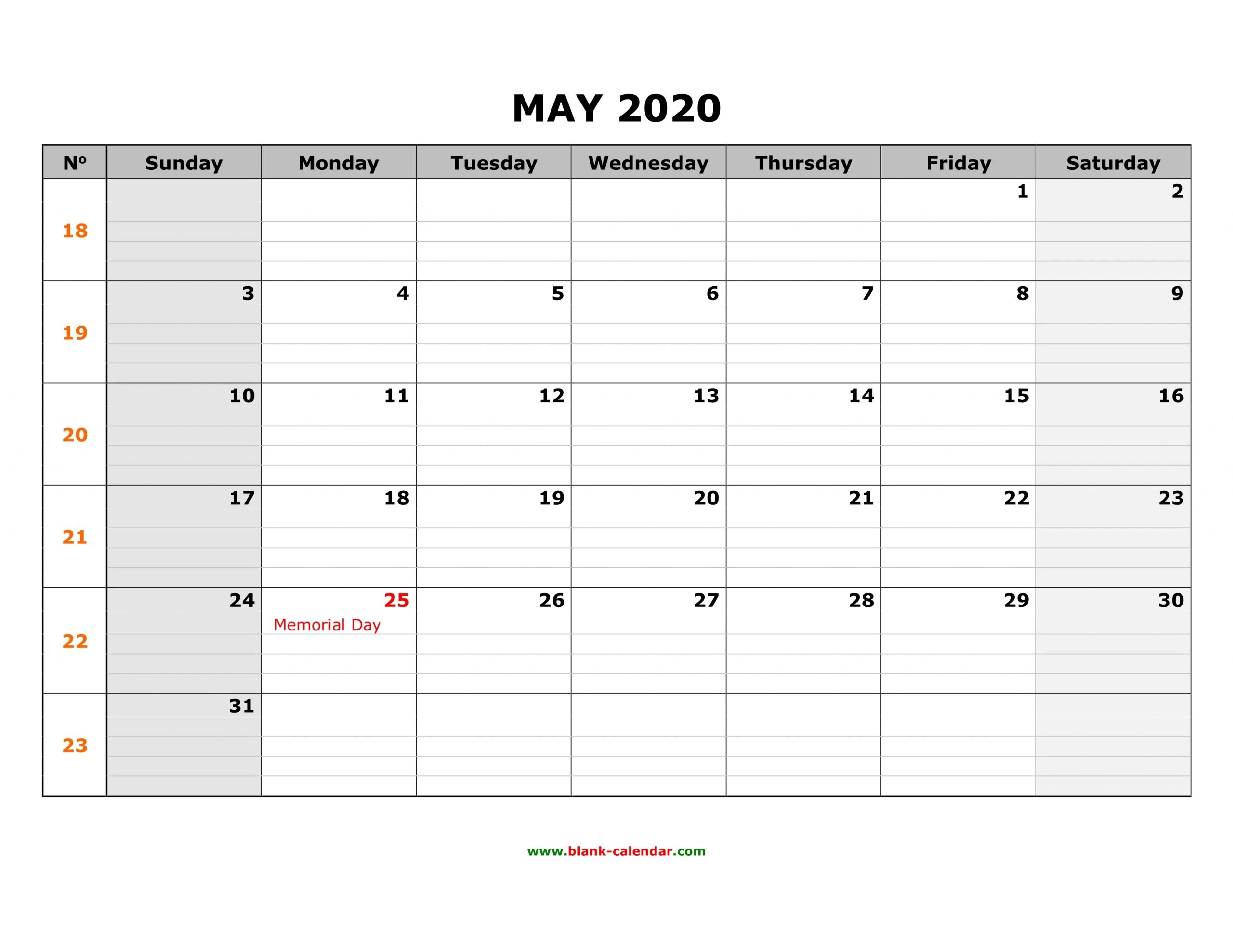 Free Download Printable May 2020 Calendar, Large Box Grid