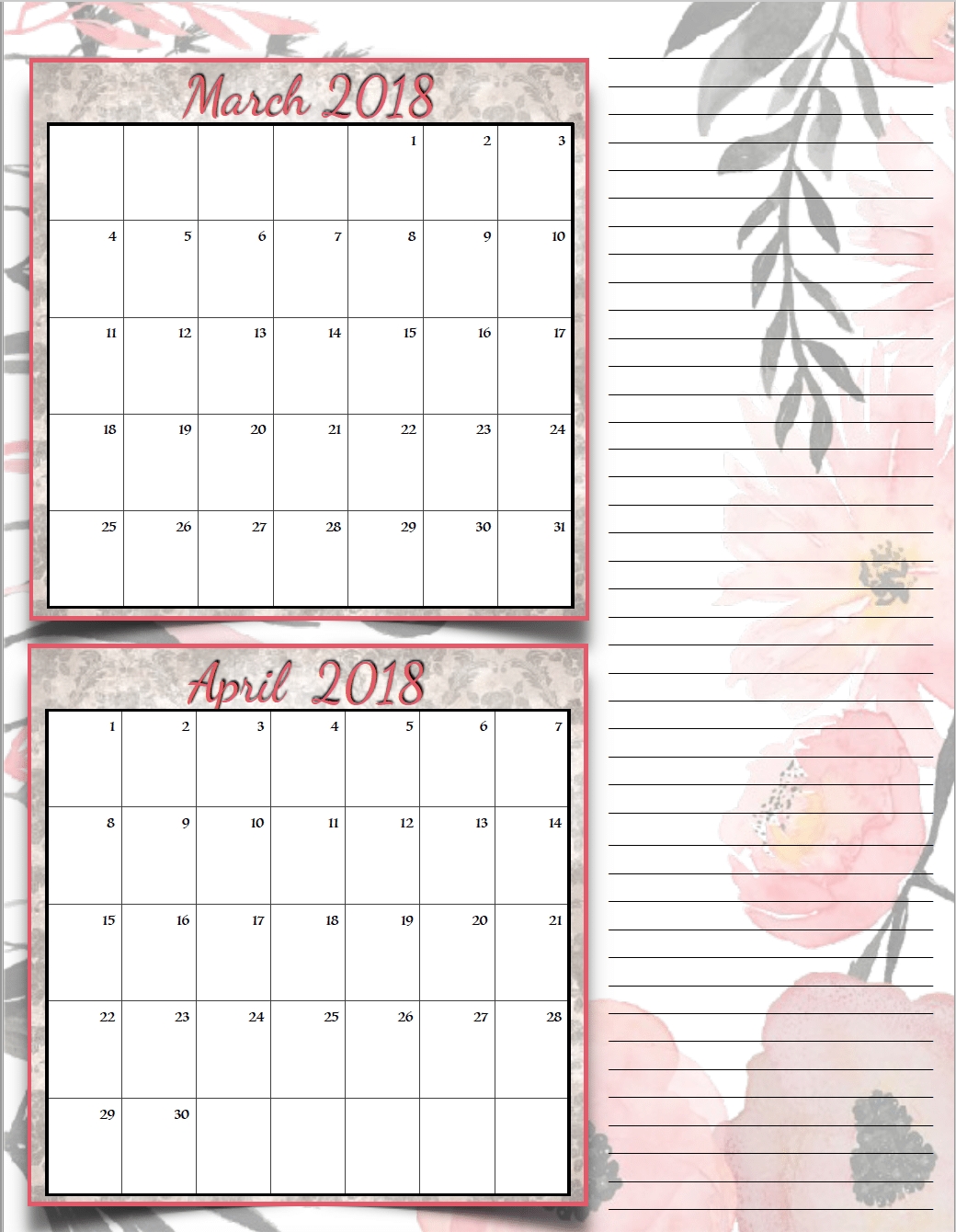 Free Printable 2018 Bimonthly Calendars: 6 Designs