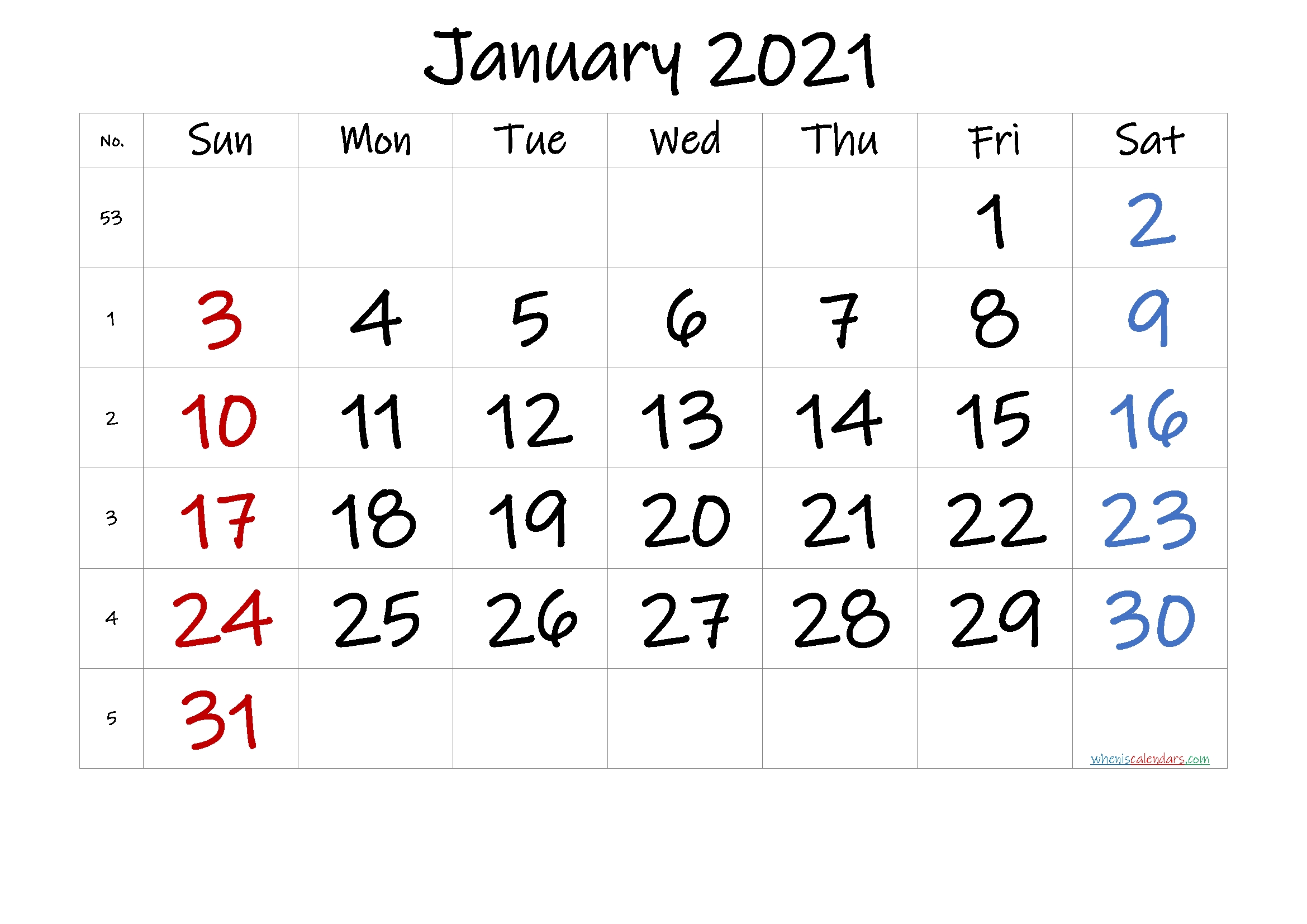Free Printable January 2021 Calendar – Calendraex