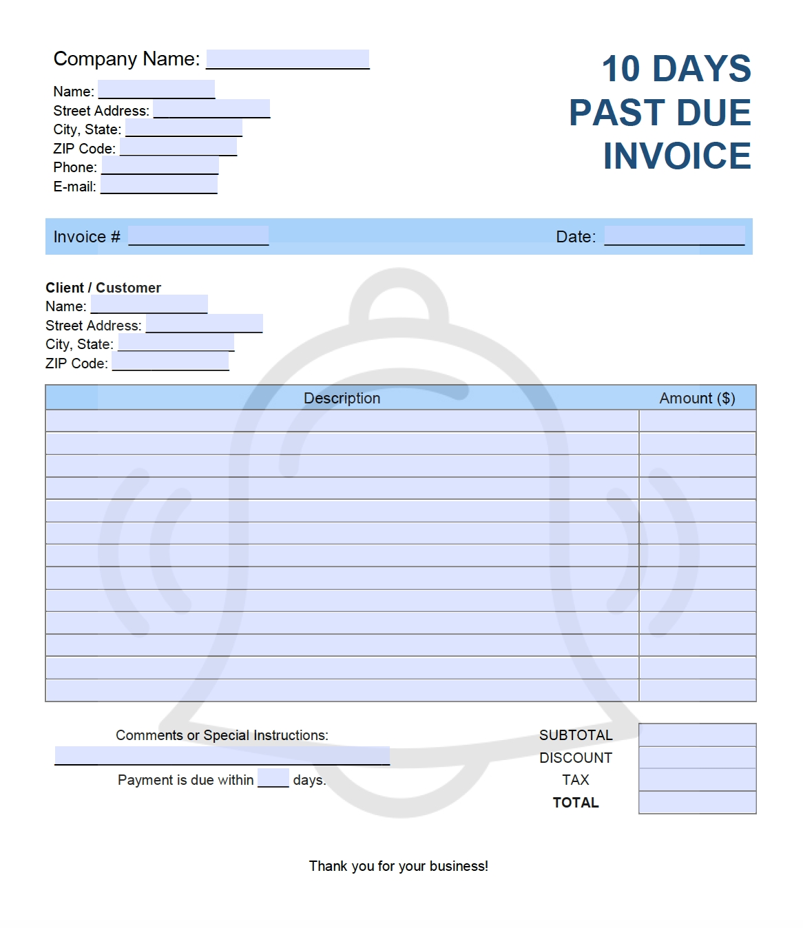 Free Ten (10) Days Past Due Invoice Template | Pdf | Word