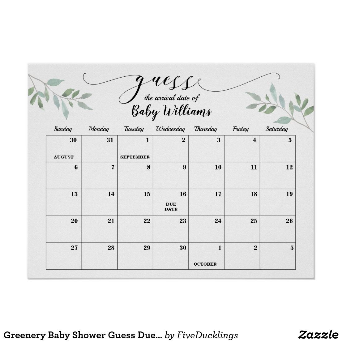 Greenery Baby Shower Guess Due Date Calendar Poster | Zazzle