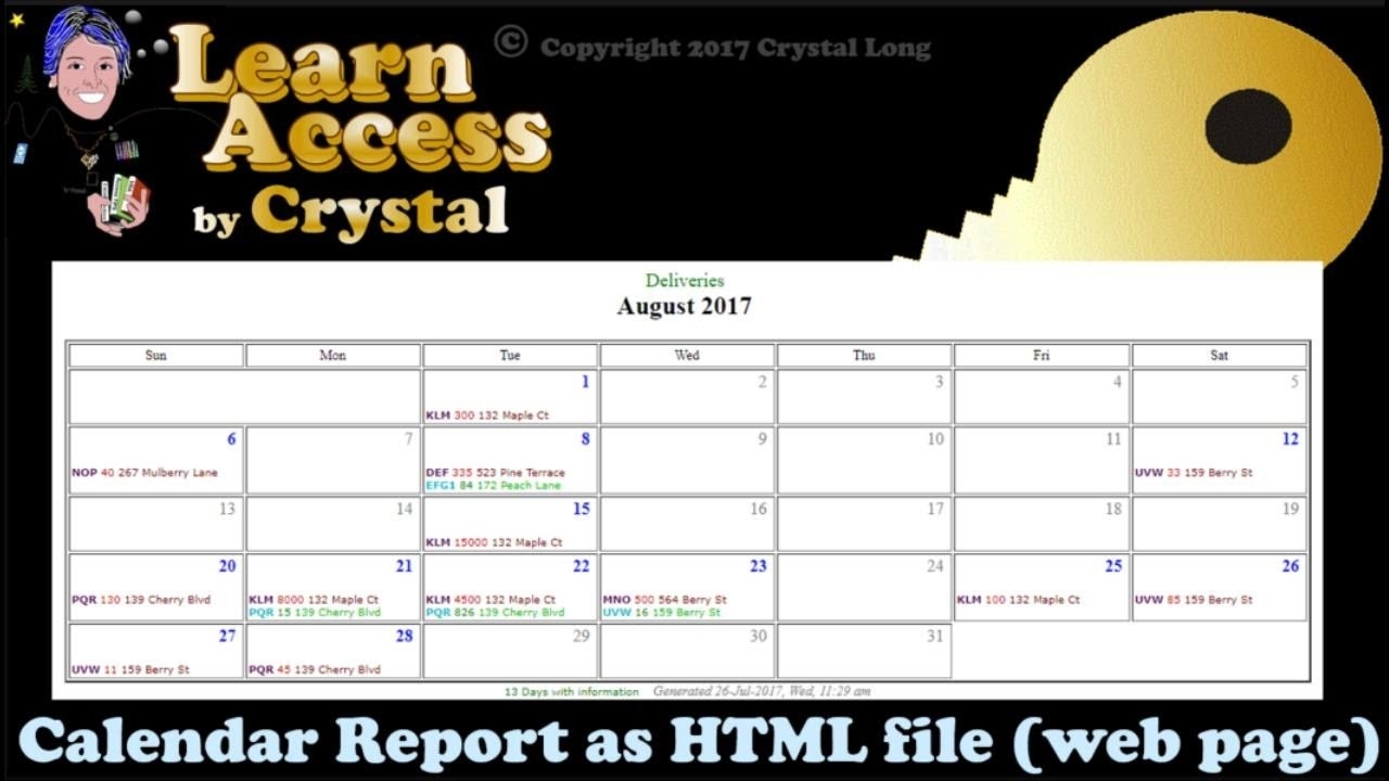 How To Create Calendar Reports From Access Queries With Dates!  As  Shareable Web Pages