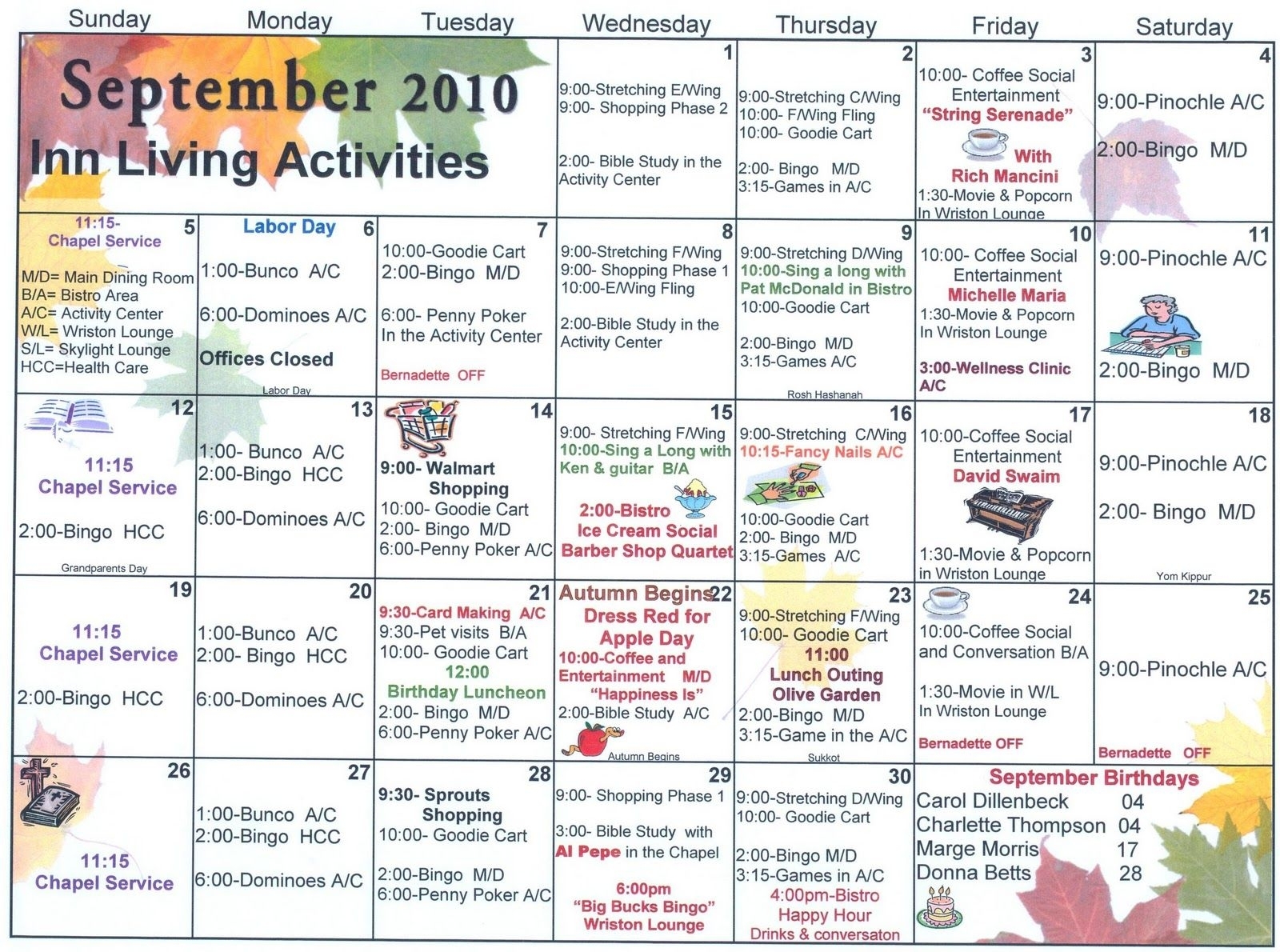 activity calendar for seniors