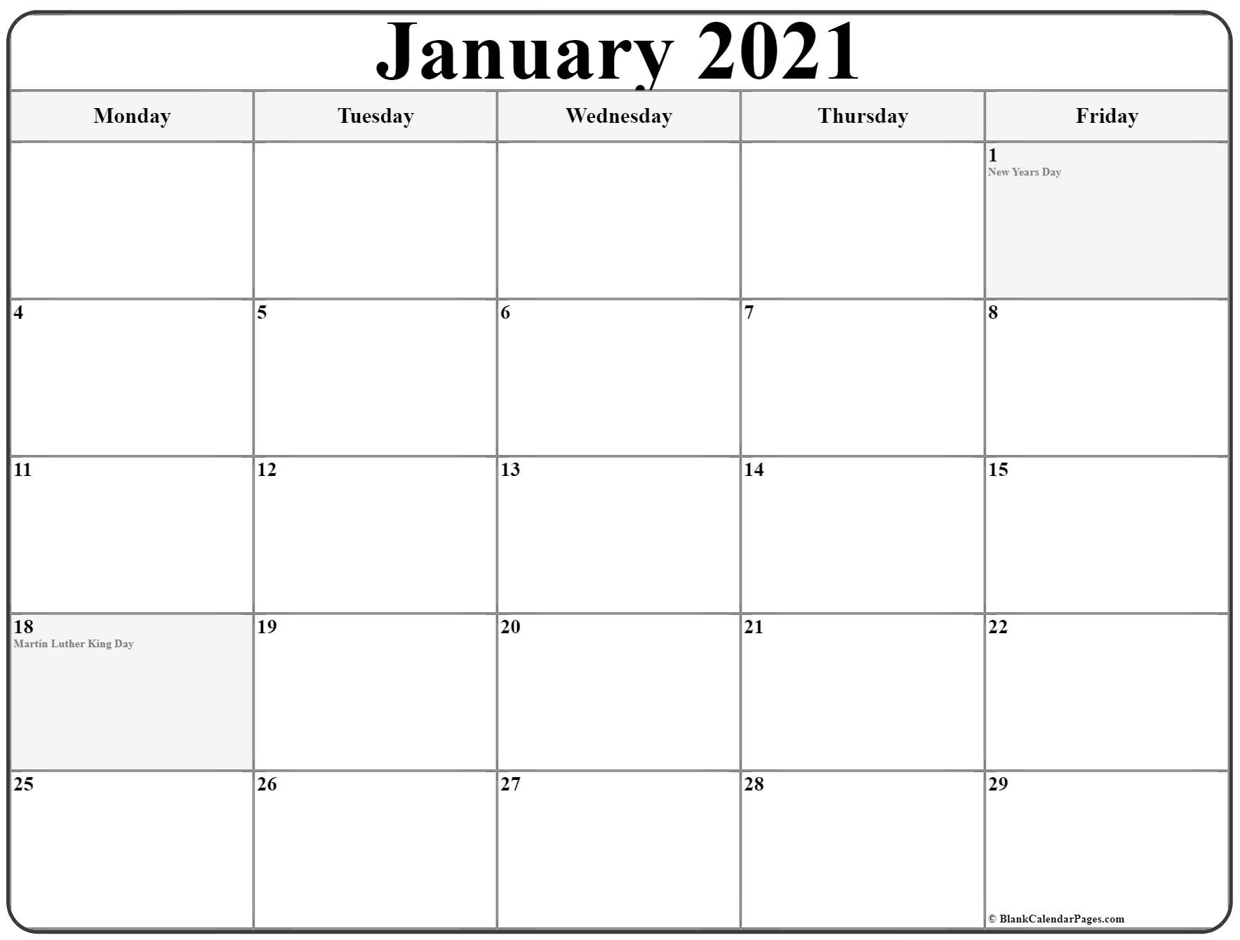 January 2021 Monday Calendar | Monday To Sunday