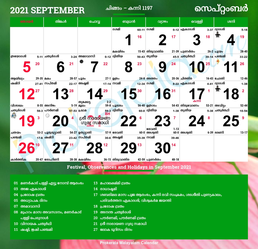 Malayalam Calendar 2021, September