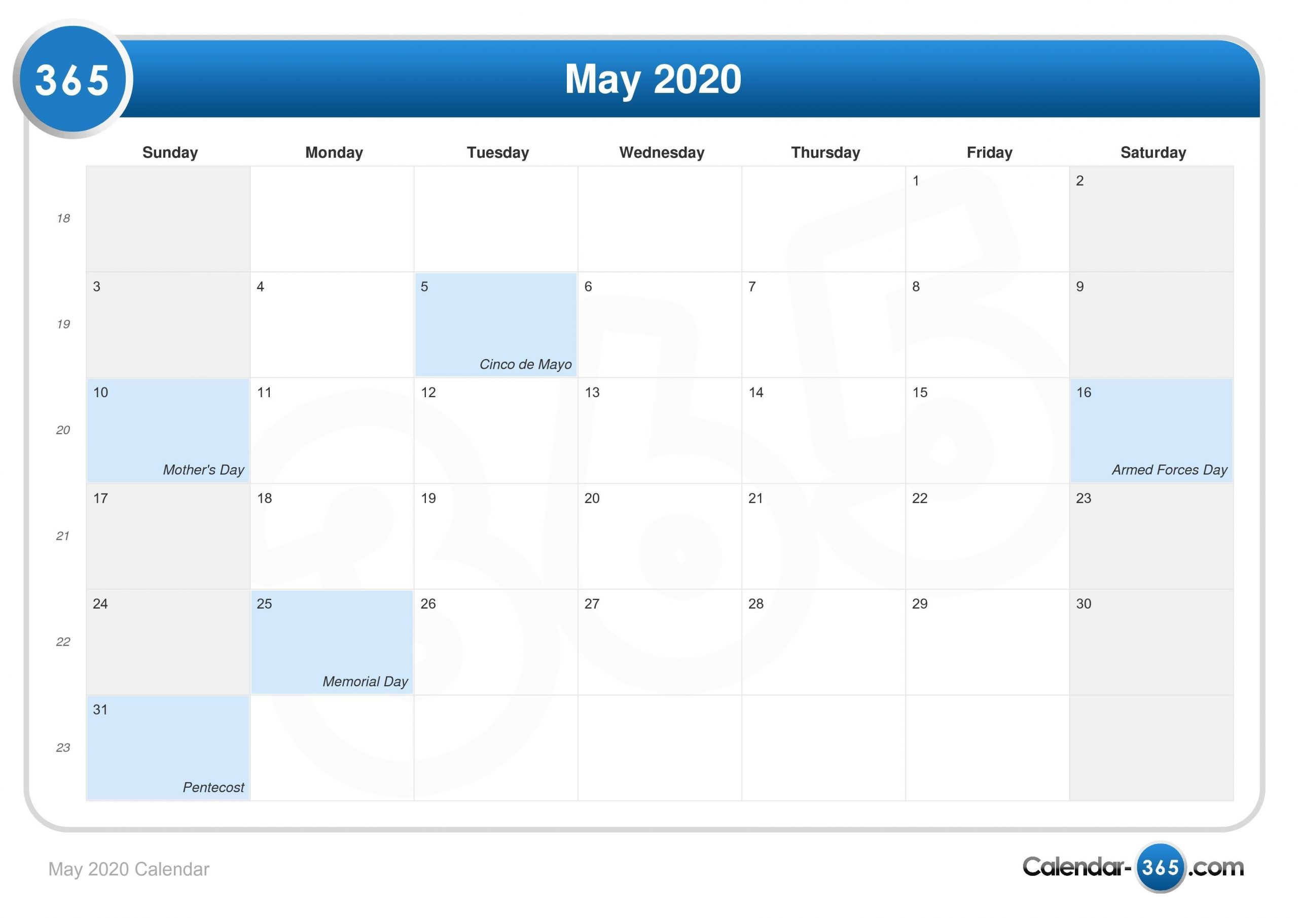 May 2020 Calendar