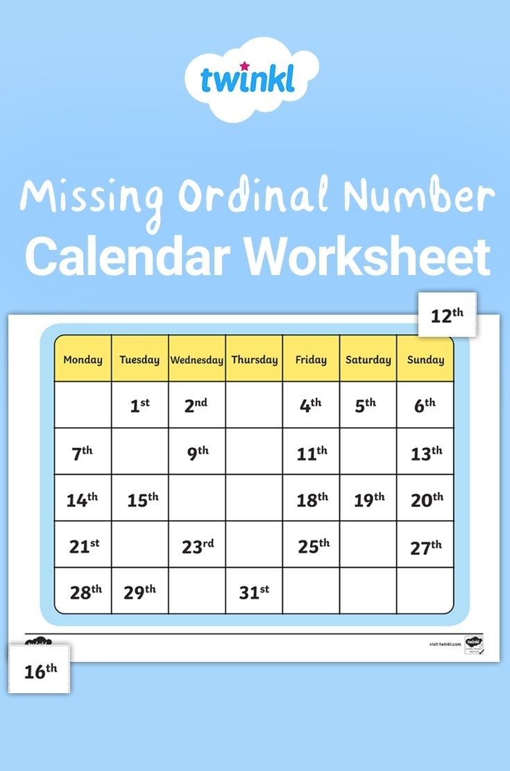 Missing Ordinal Number Calendar Worksheet | Ordinal Numbers