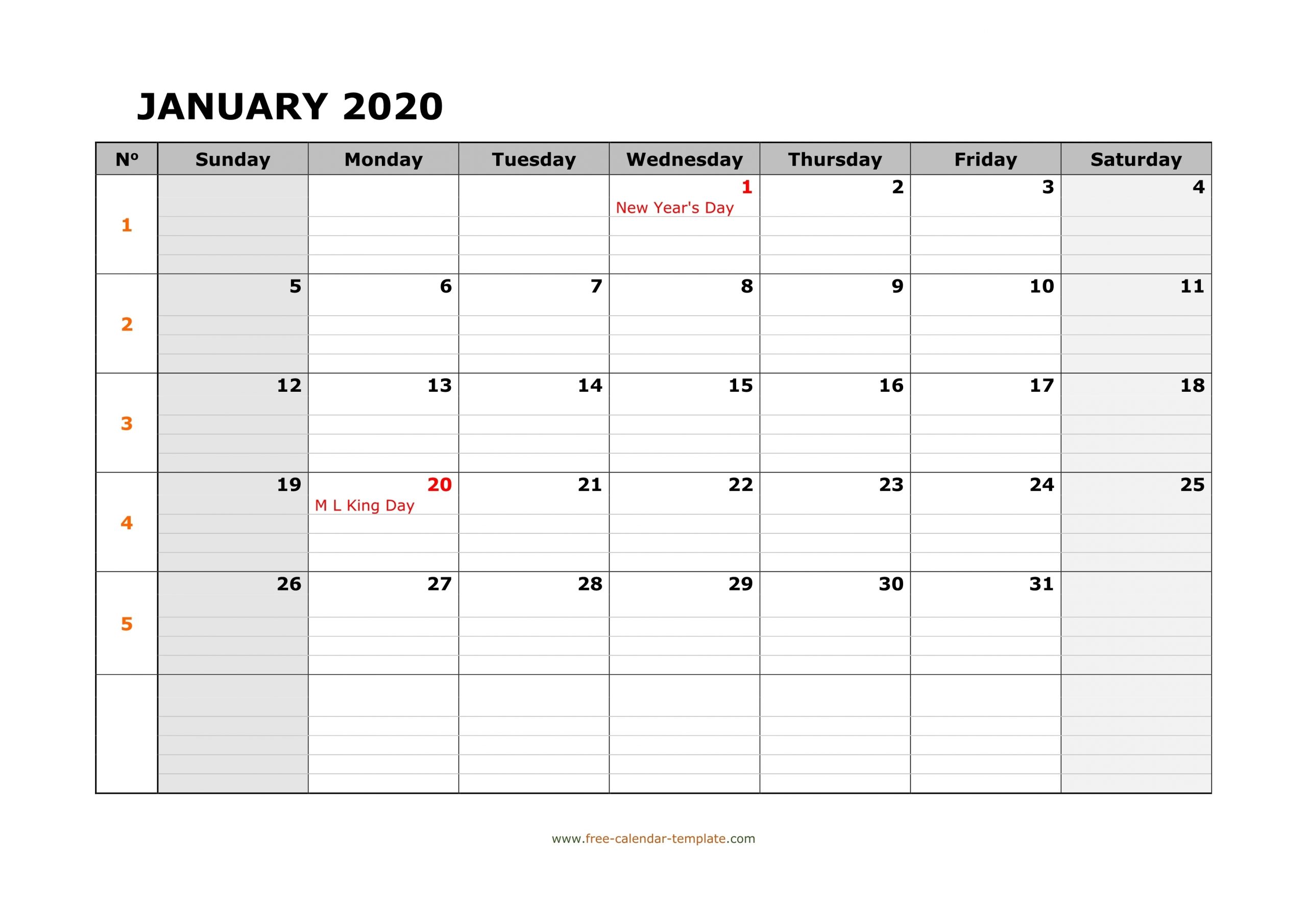 Monthly 2020 Calendar Free Printable With Grid Lines