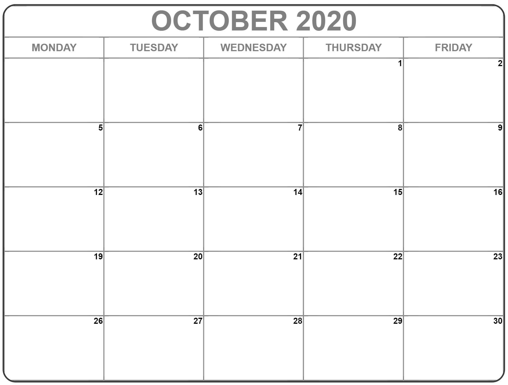 October 2020 Monday Calendar | Monday To Sunday