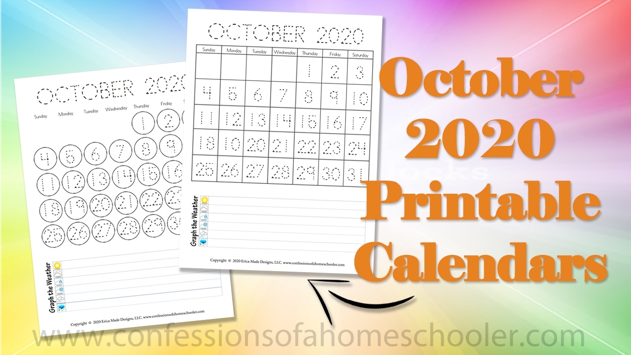 October 2020 Printable Calendars - Confessions Of A Homeschooler