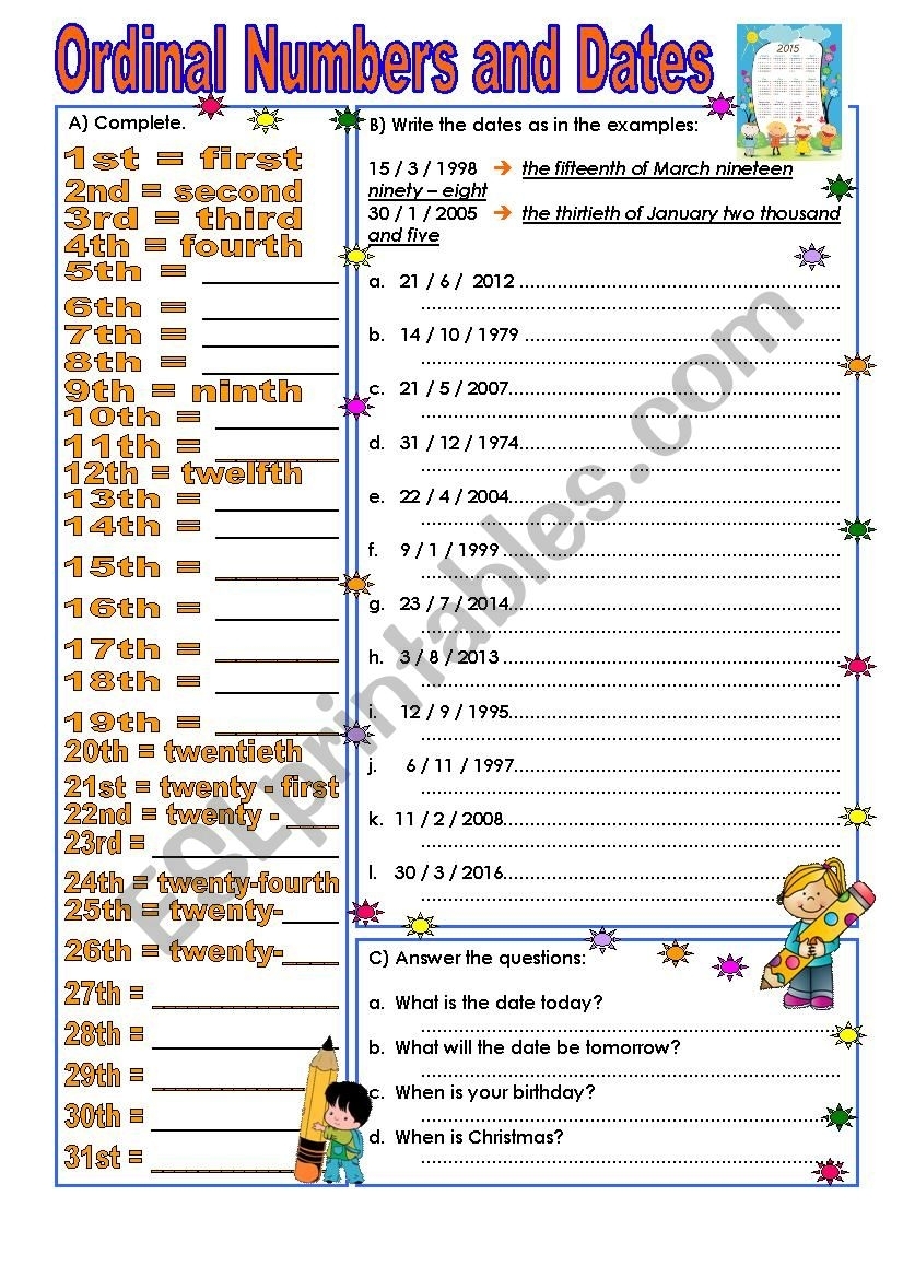 Ordinal Numbers And Dates - Esl Worksheet By Vickyvar