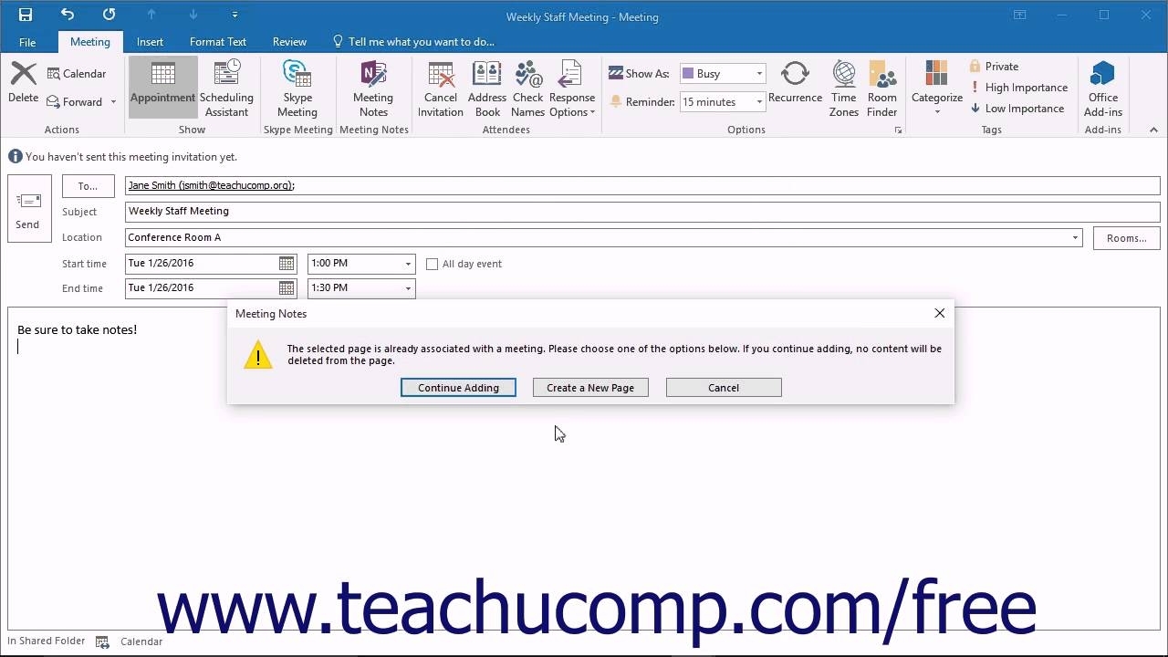 Outlook 2016 Tutorial Meeting Notes Microsoft Training Lesson