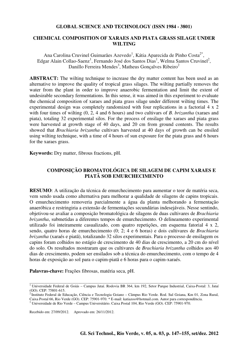 Pdf) Chemical Composition Of Xaraes And Piatã Grass Silage