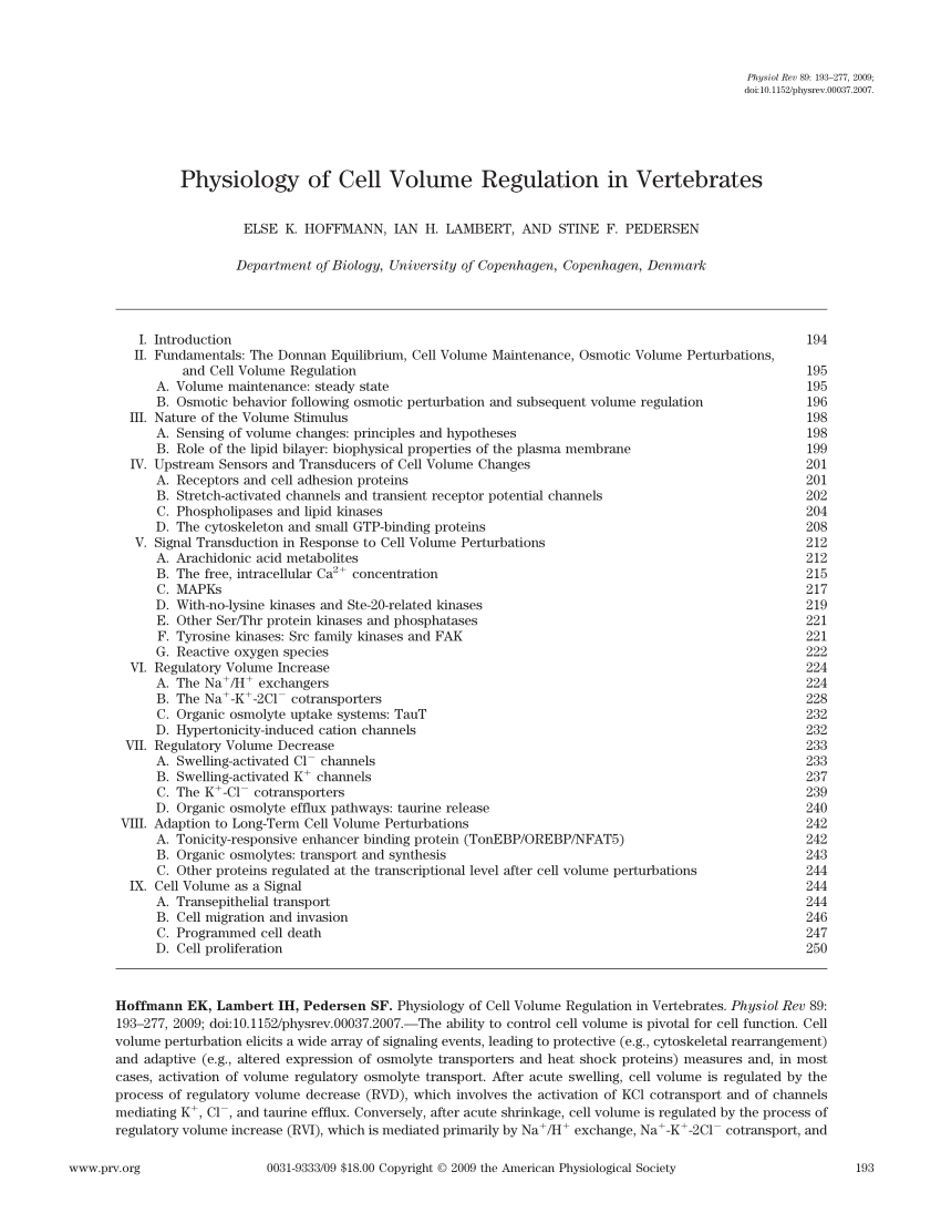 Pdf) Physiology Of Cell Volume Regulation In Vertebrates