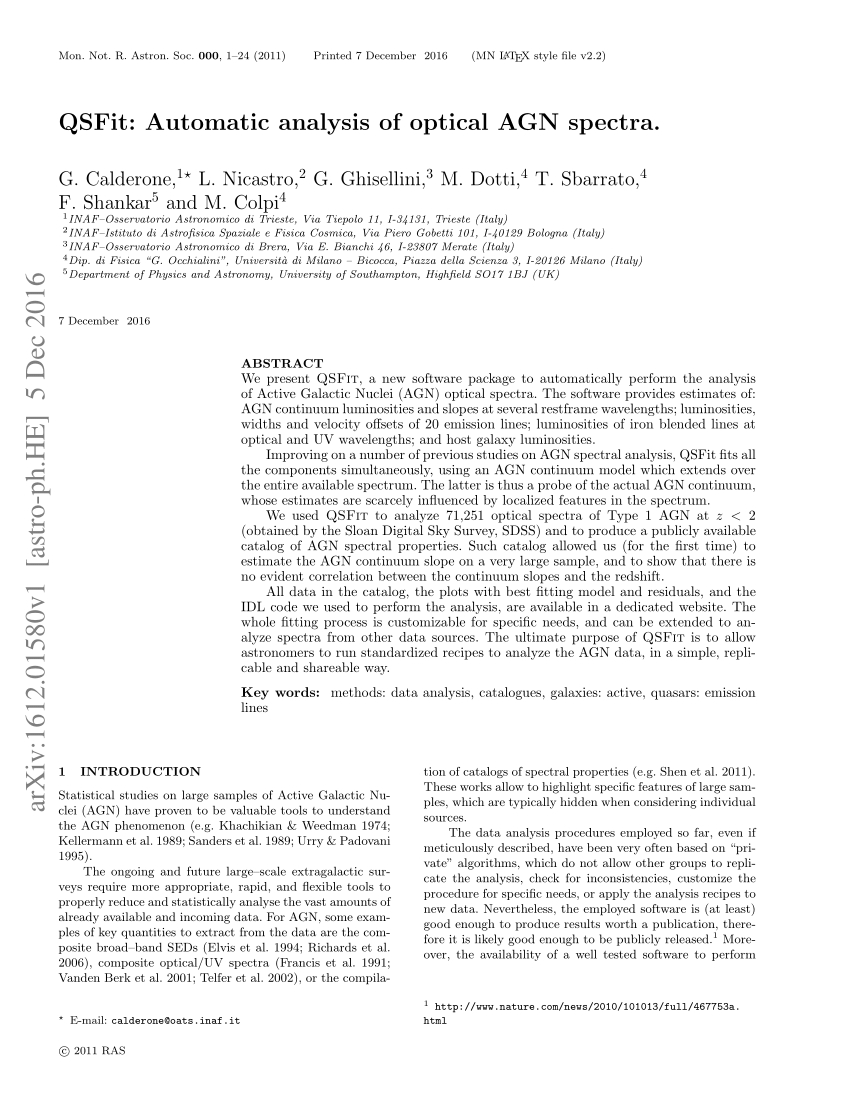 Pdf) Qsfit: Automatic Analysis Of Optical Agn Spectra