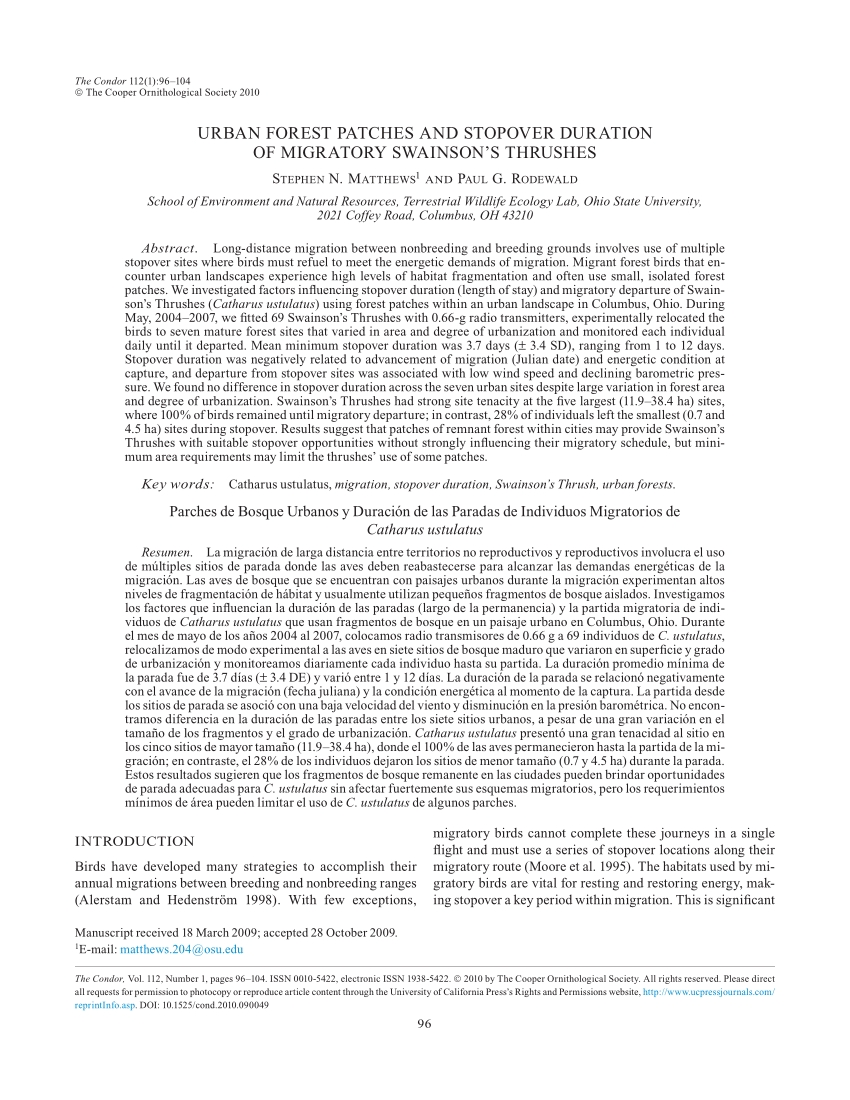 Pdf) Urban Forest Patches And Stopover Duration Of Migratory